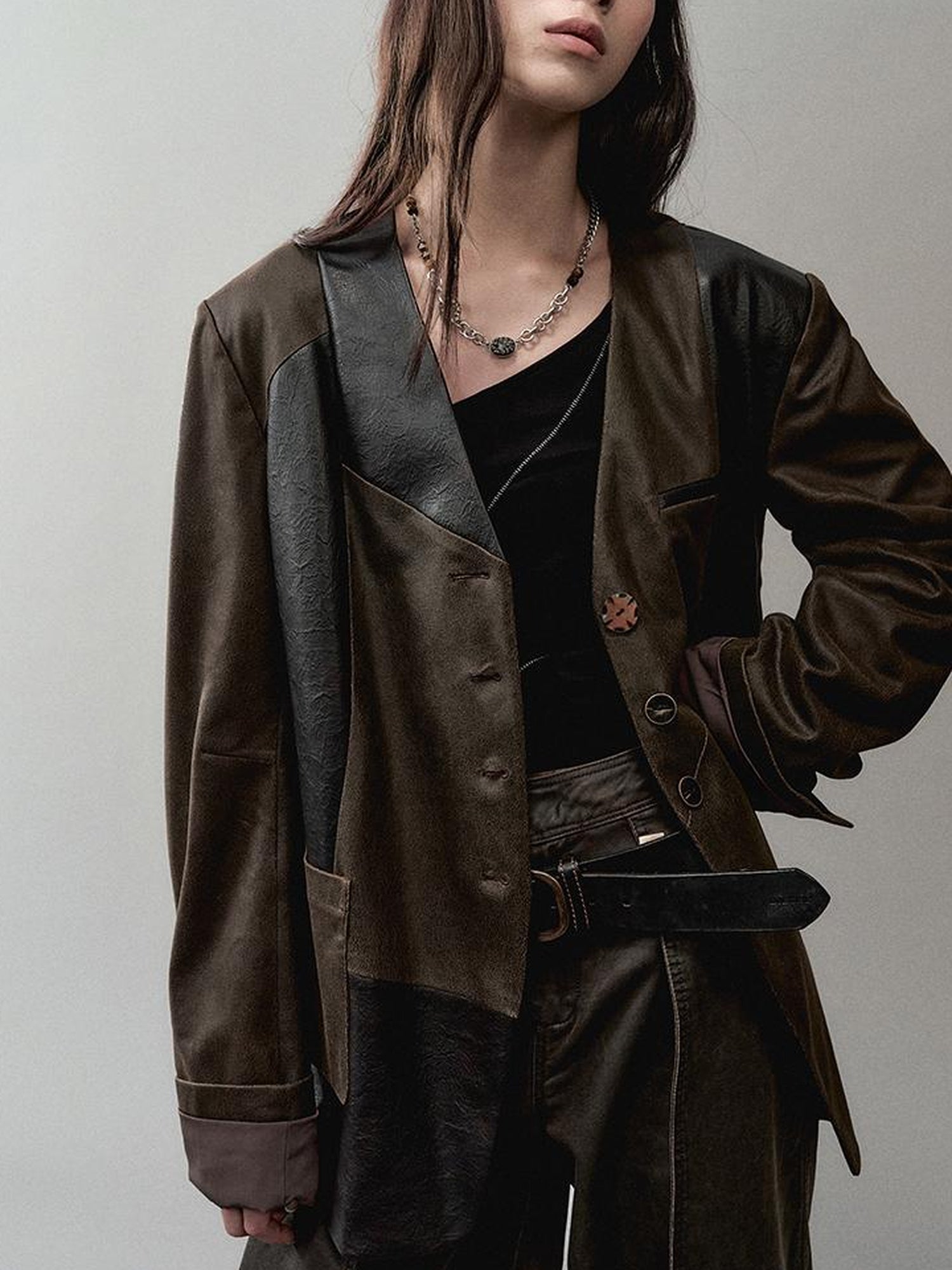 AnnoMundi Cracked Leather Panel Blazer
