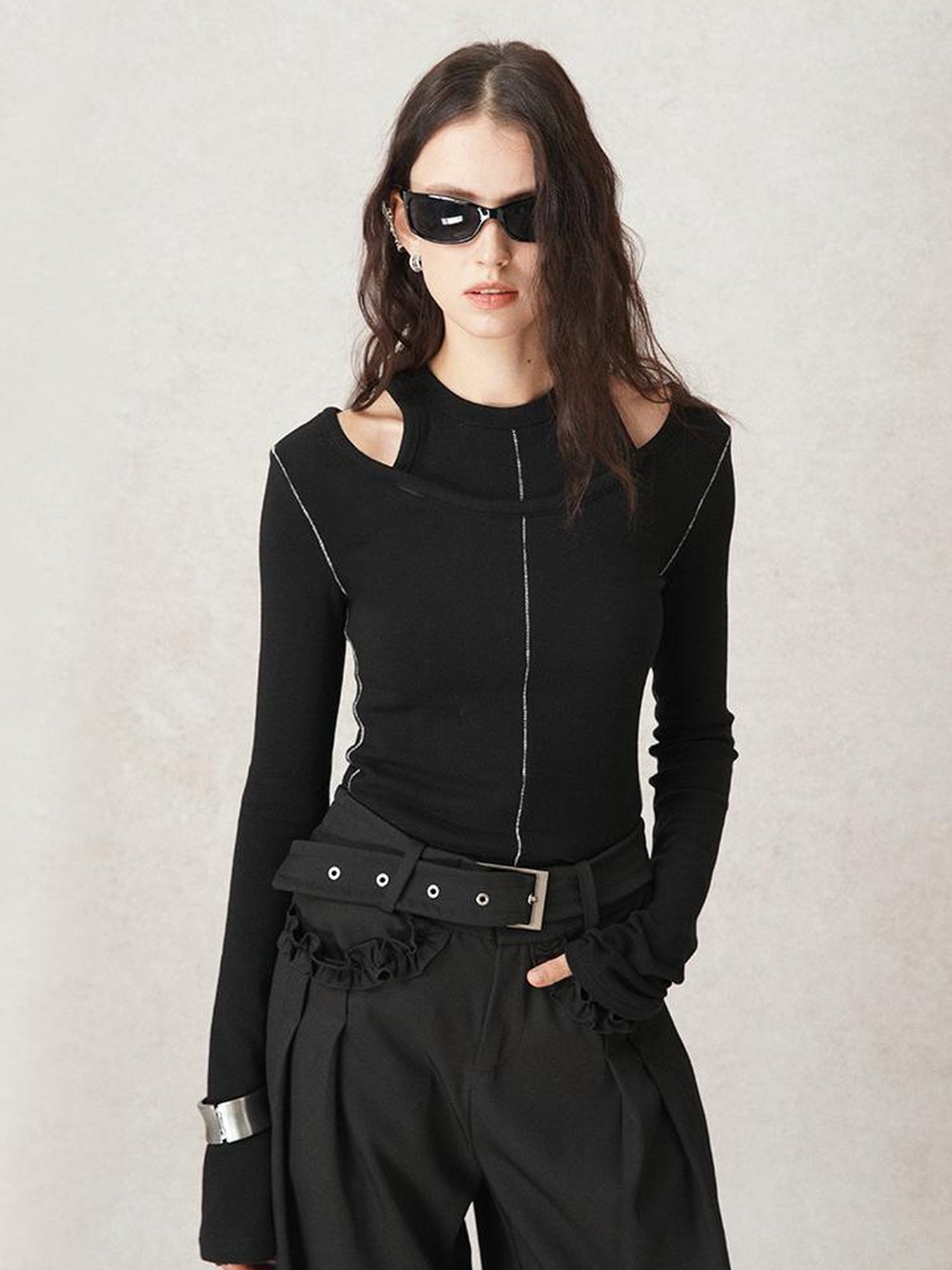 AnnoMundi Crochet Line Textured Mock Two Piece Sweater Top V Neck T Shirt Long Sleeve