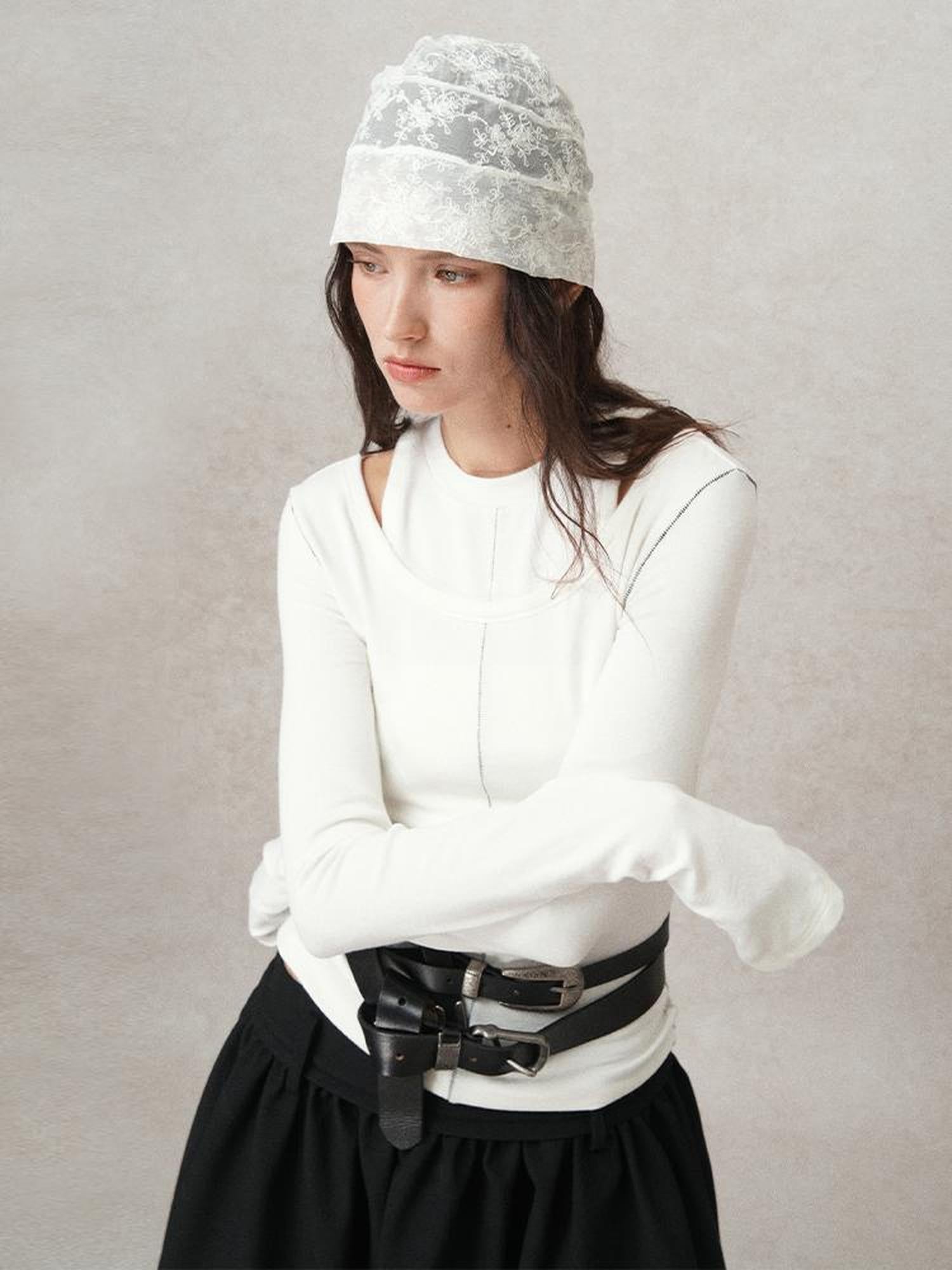 AnnoMundi Crochet Line Textured Mock Two Piece Sweater Top V Neck T Shirt Long Sleeve
