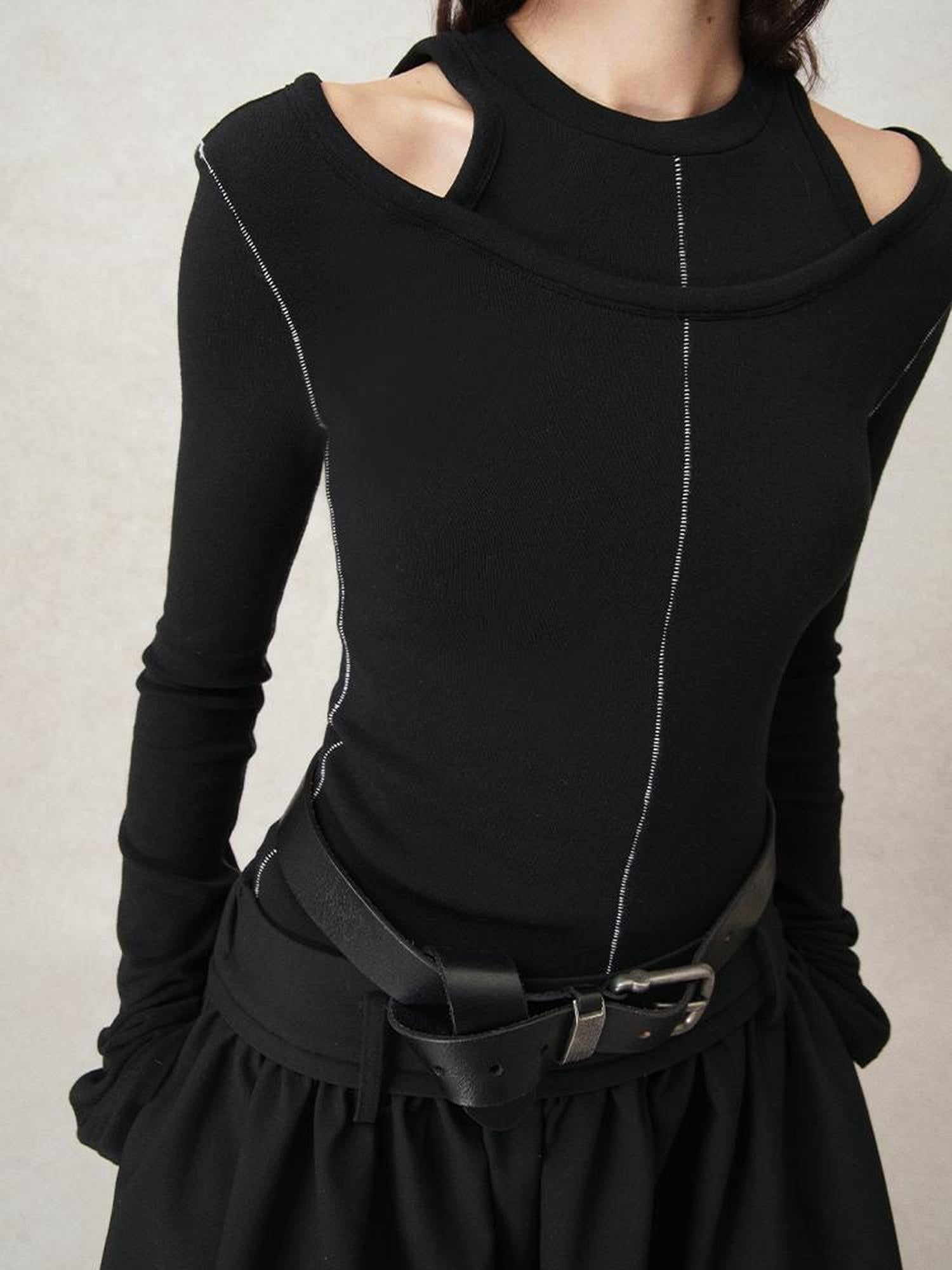 AnnoMundi Crochet Line Textured Mock Two Piece Sweater Top V Neck T Shirt Long Sleeve