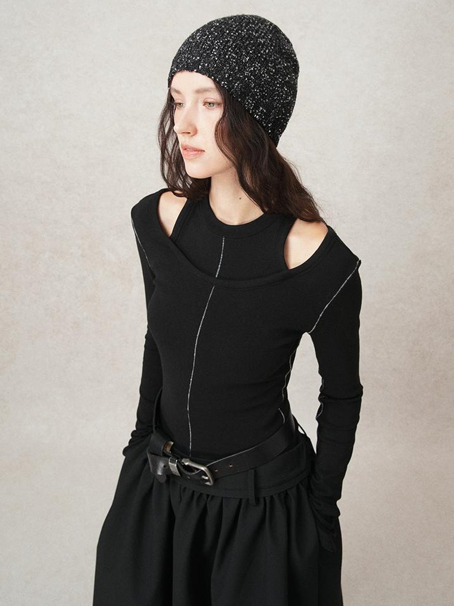 AnnoMundi Crochet Line Textured Mock Two Piece Sweater Top V Neck T Shirt Long Sleeve