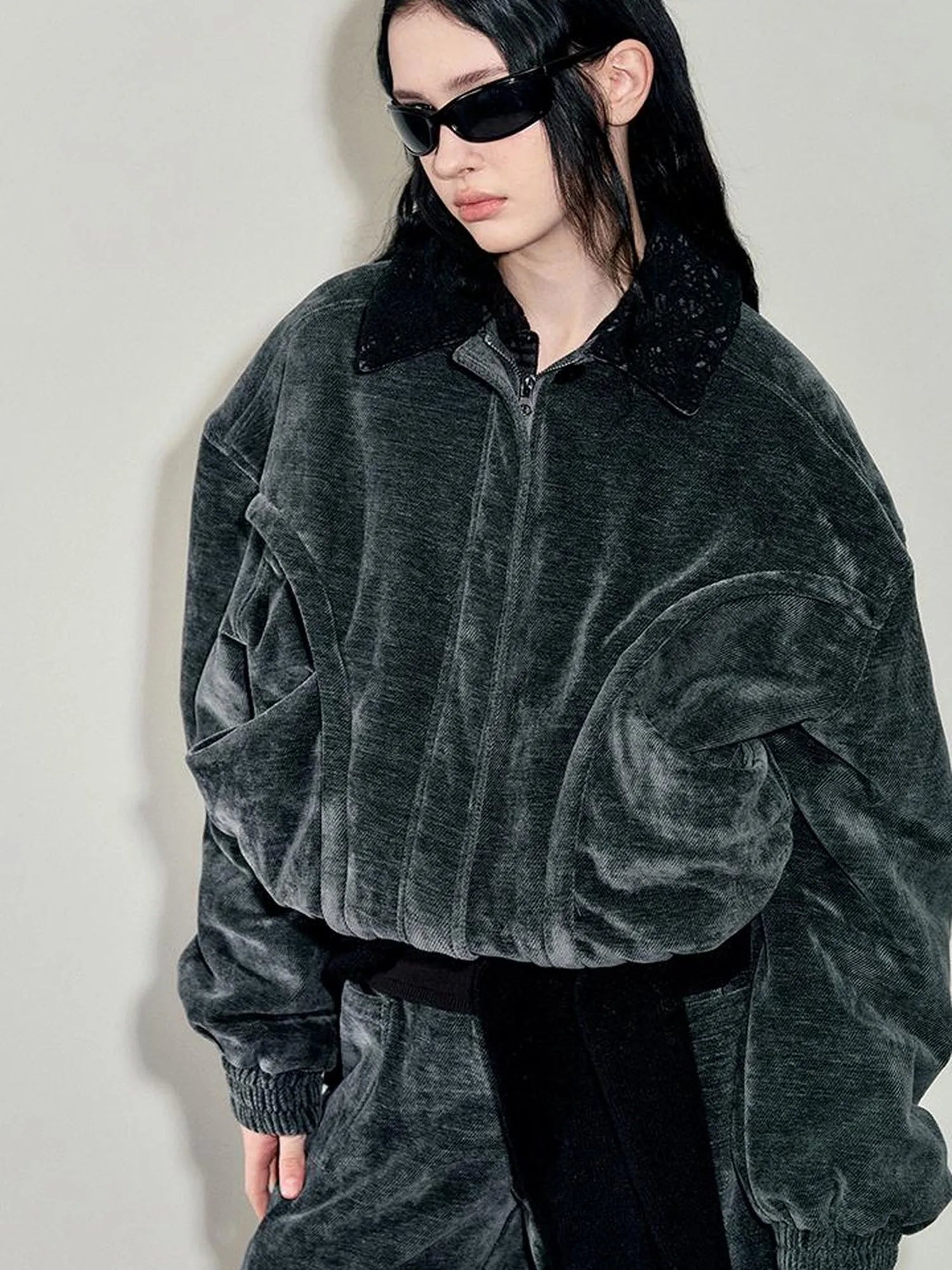 Crochet Trim Corduroy Cotton Coat With Graphene Fill