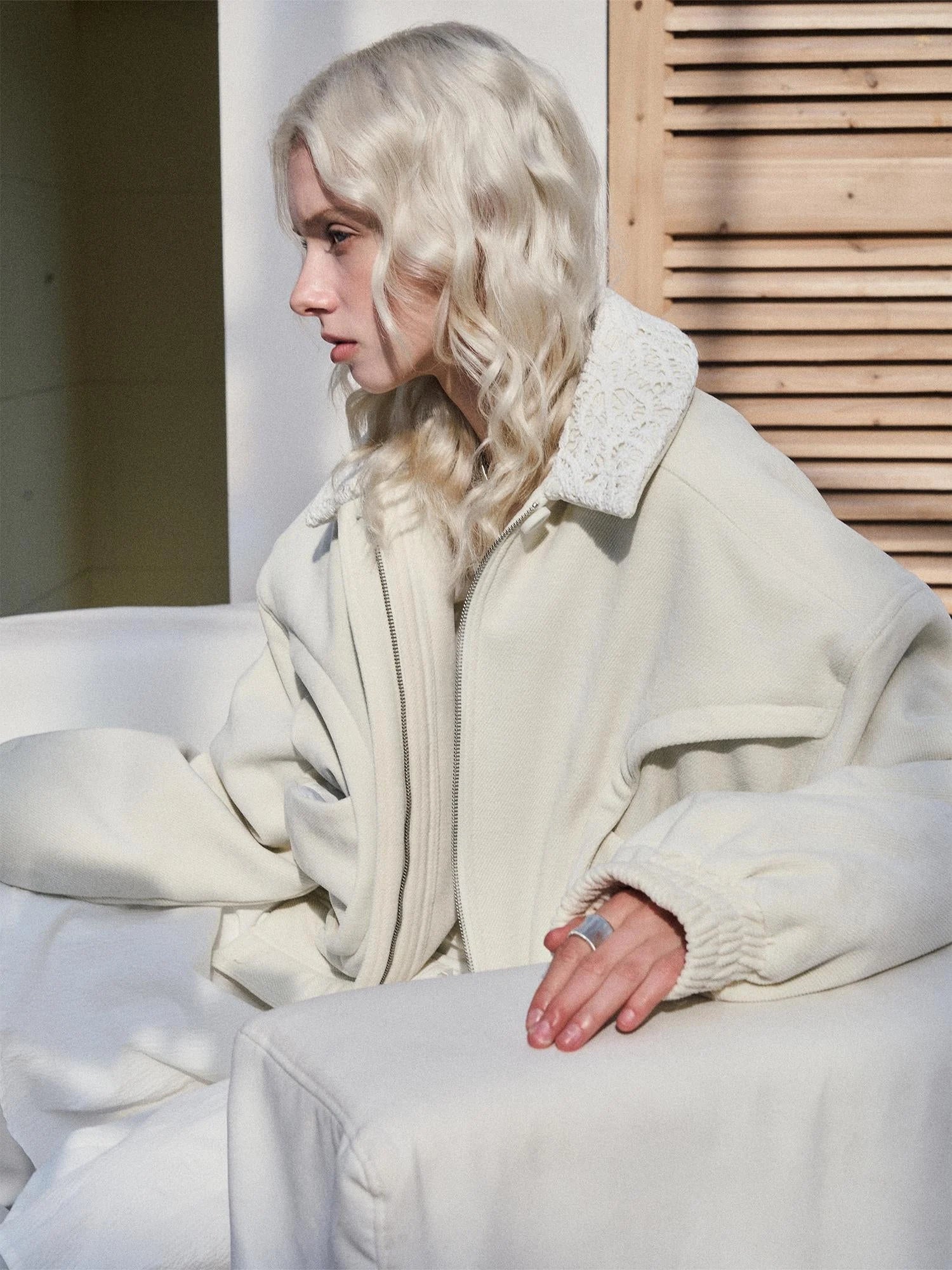 Crochet Trim Corduroy Cotton Coat With Graphene Fill
