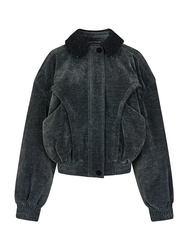 Crochet Trim Corduroy Cotton Coat With Graphene Fill