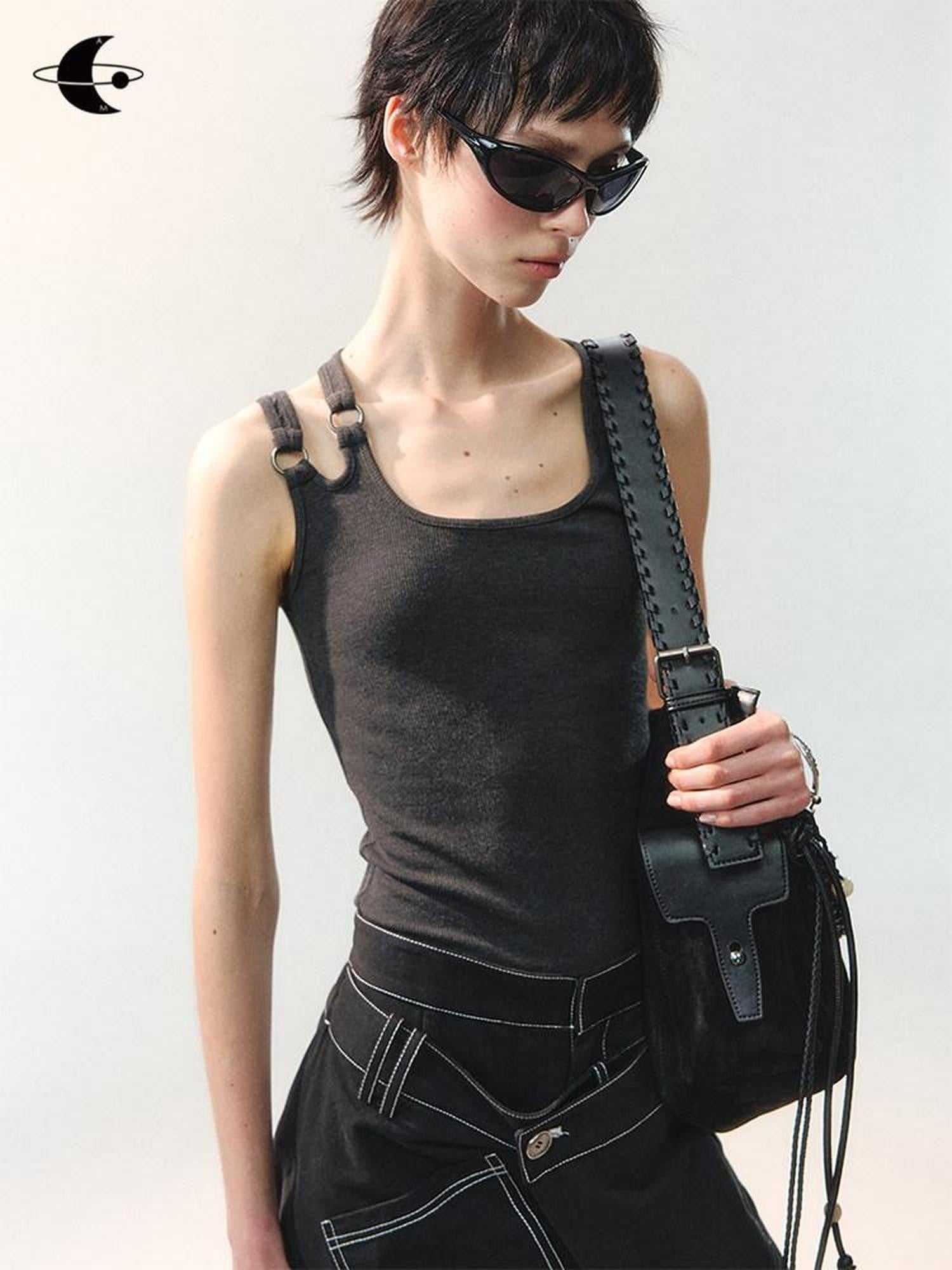 AnnoMundi Cropped Asymmetric Ring Buckle One Shoulder U Neck Women&