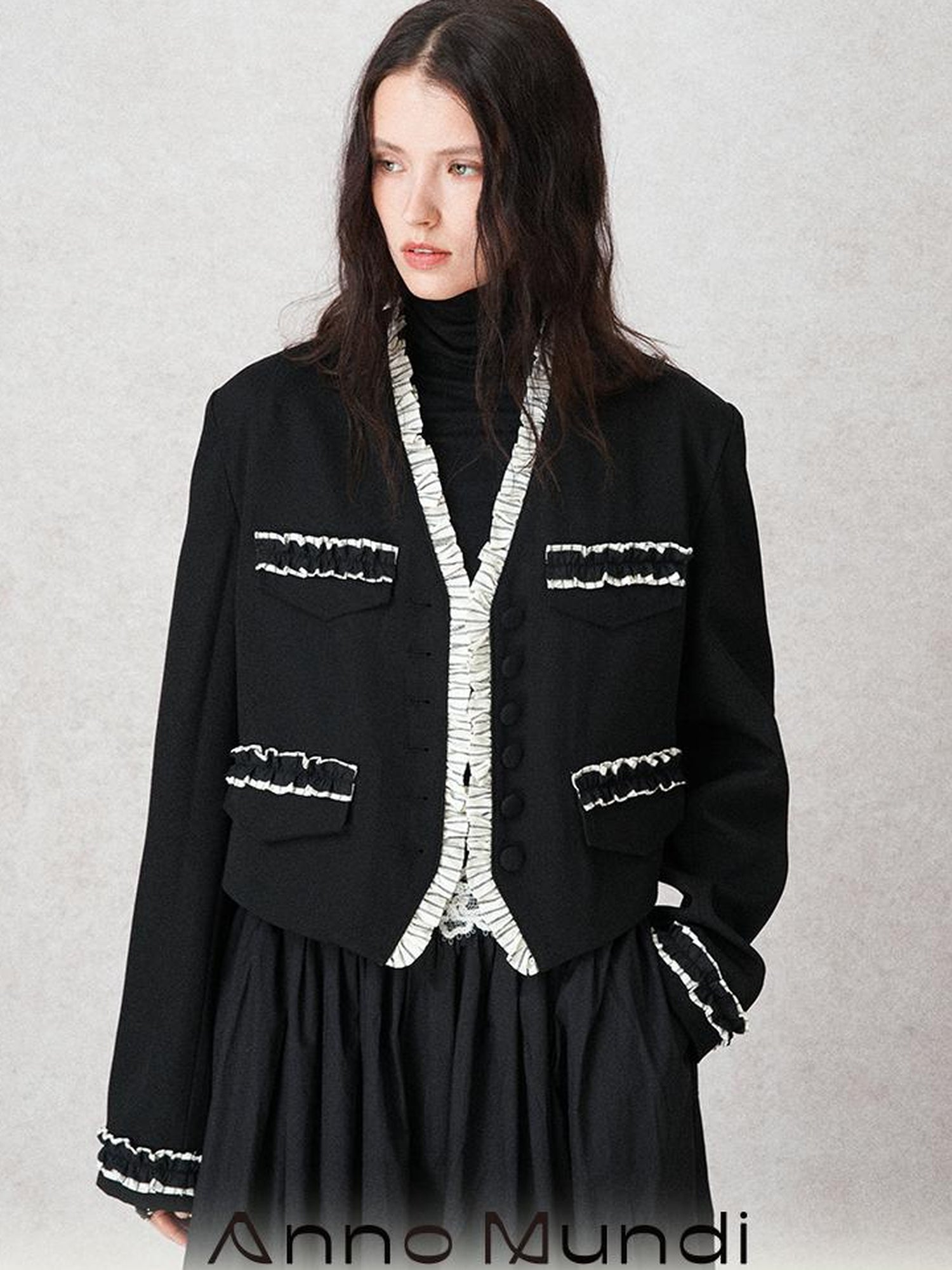 AnnoMundi Cropped Peplum Blazer With Ruffle Hem