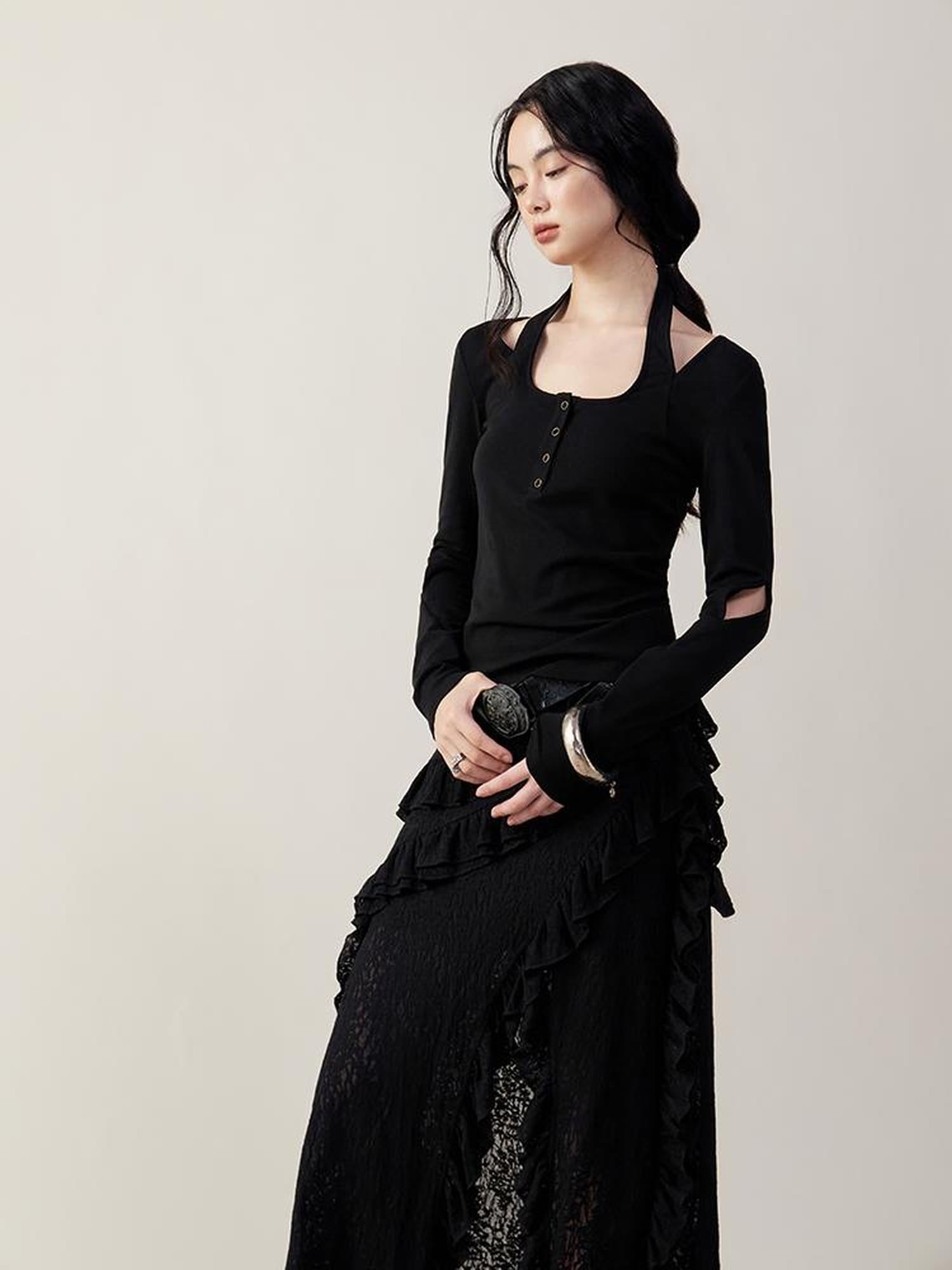 AnnoMundi Crossover Halter Neck Ribbed Knit Top