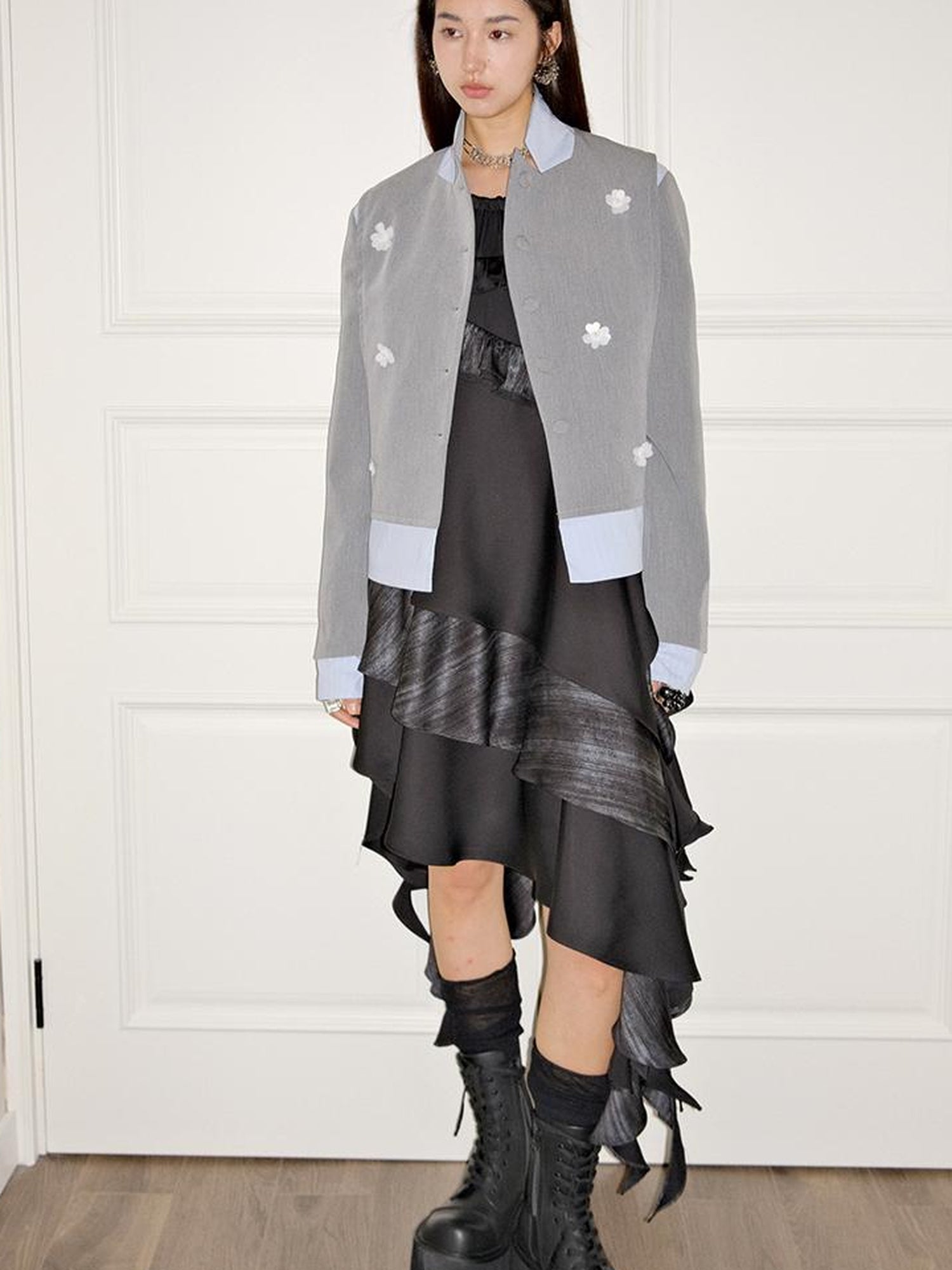 AnnoMundi Crystal Embroidered Structured Blazer with Stripe Panels