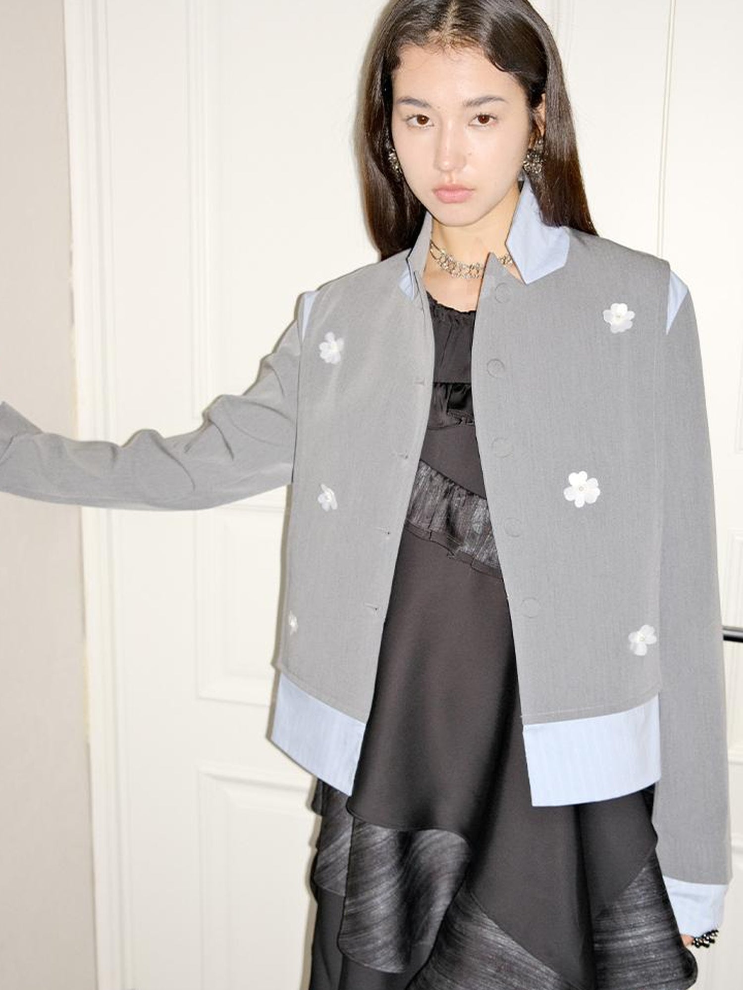AnnoMundi Crystal Embroidered Structured Blazer with Stripe Panels