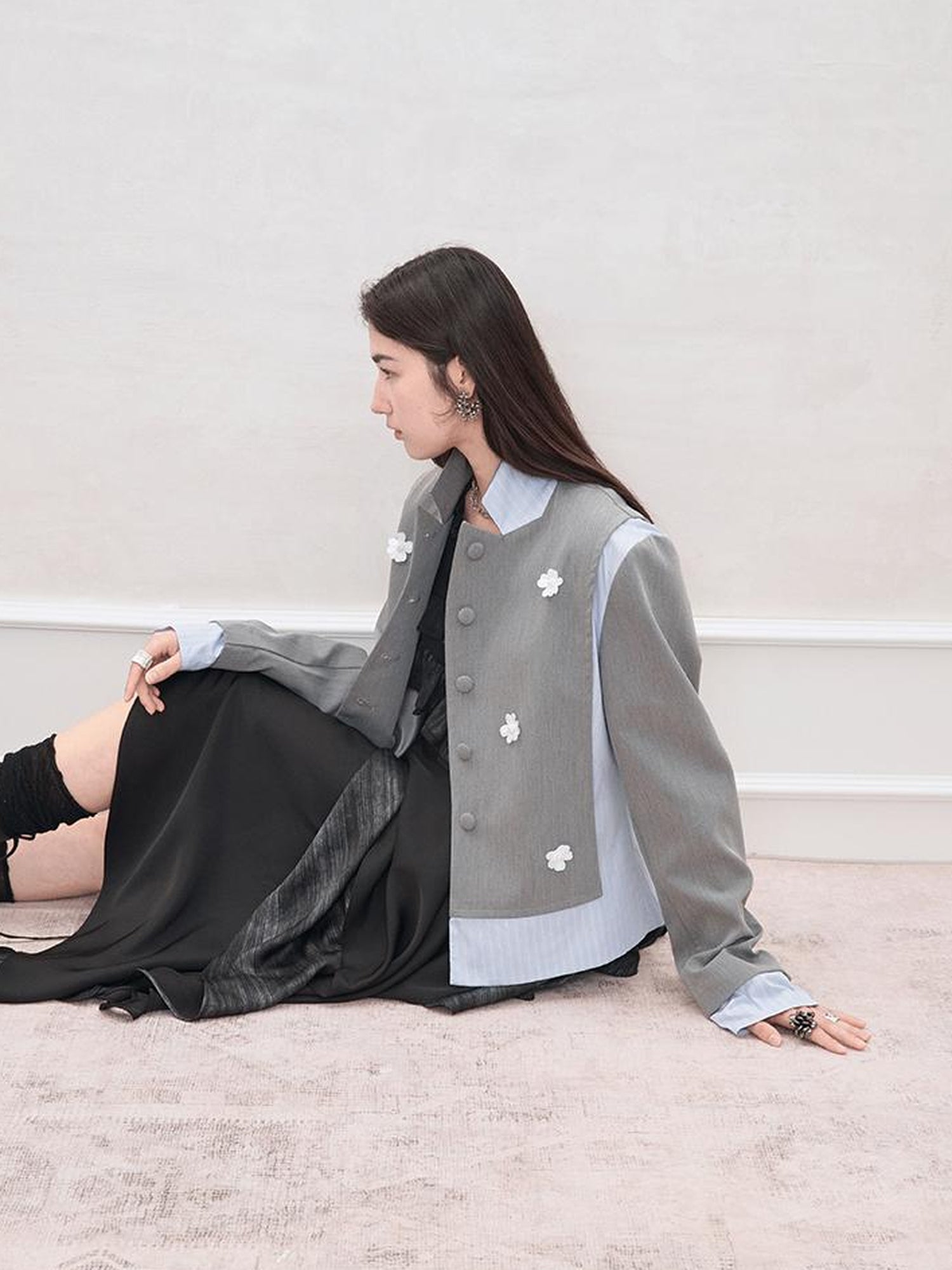 AnnoMundi Crystal Embroidered Structured Blazer with Stripe Panels