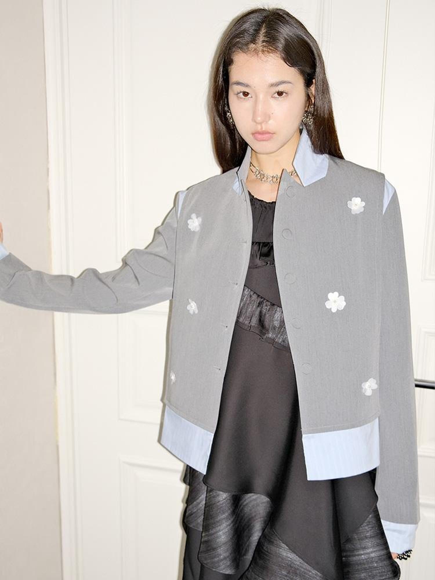 AnnoMundi Crystal Embroidered Structured Blazer with Stripe Panels