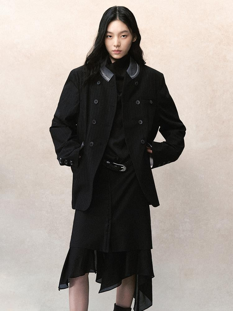 AnnoMundi Dark Tone Embroidered Striped Contrast Stand Collar Hand Stitched Women&