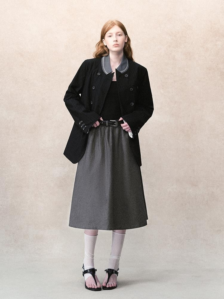 AnnoMundi Dark Tone Embroidered Striped Contrast Stand Collar Hand Stitched Women&