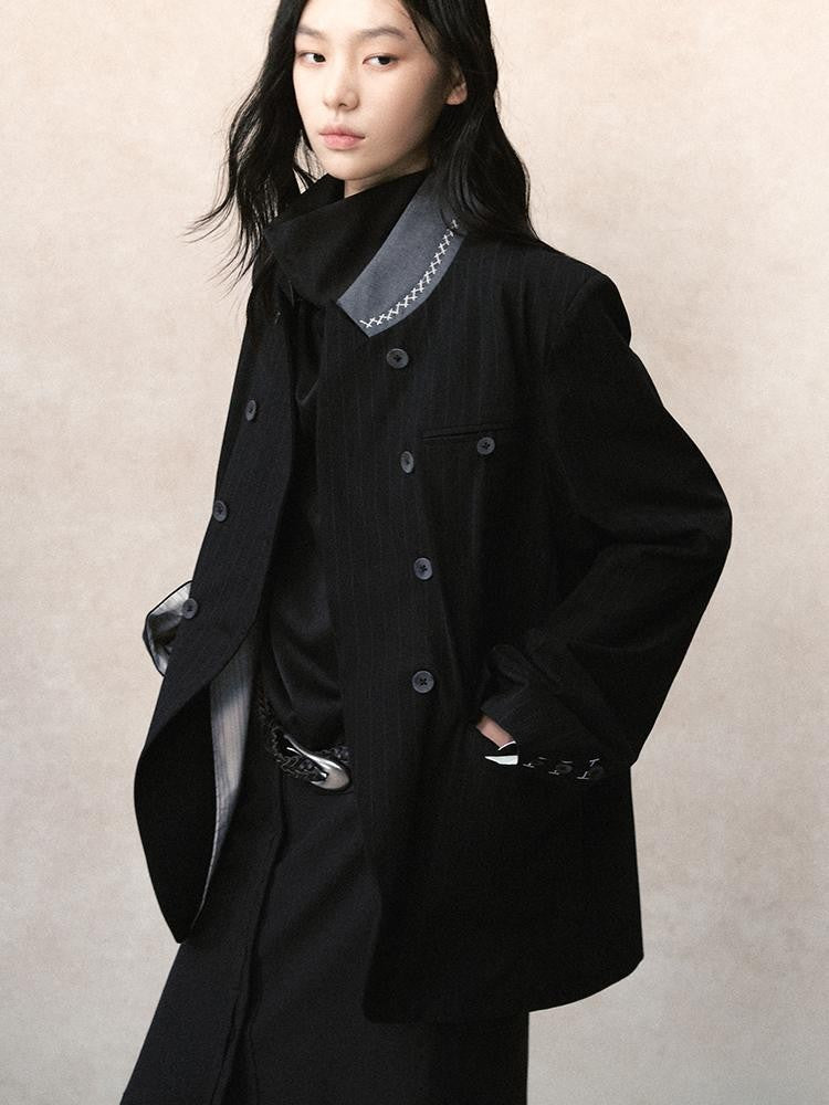 AnnoMundi Dark Tone Embroidered Striped Contrast Stand Collar Hand Stitched Women&