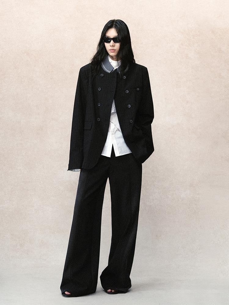 AnnoMundi Dark Tone Embroidered Striped Contrast Stand Collar Hand Stitched Women&