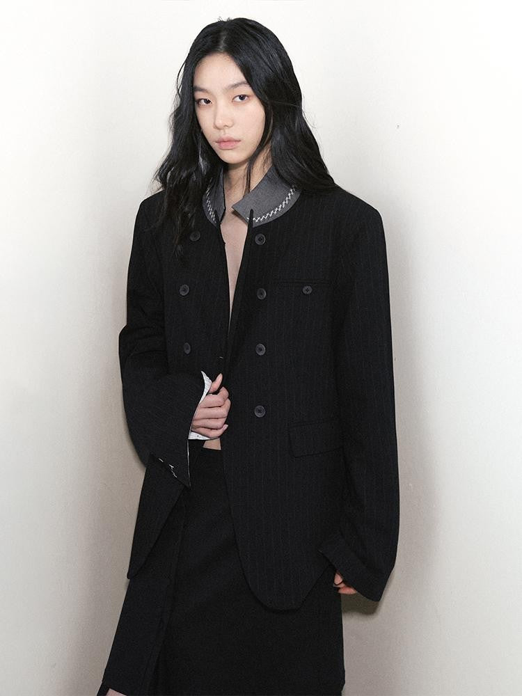 AnnoMundi Dark Tone Embroidered Striped Contrast Stand Collar Hand Stitched Women&