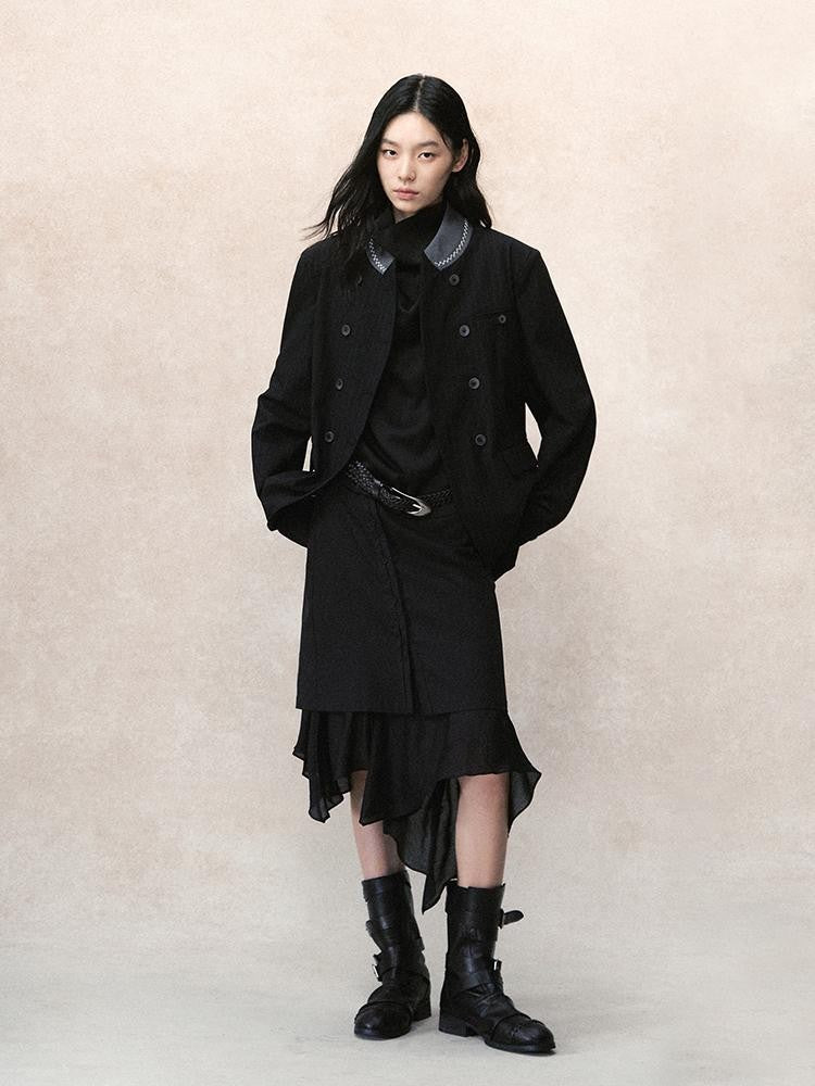 AnnoMundi Dark Tone Embroidered Striped Contrast Stand Collar Hand Stitched Women&