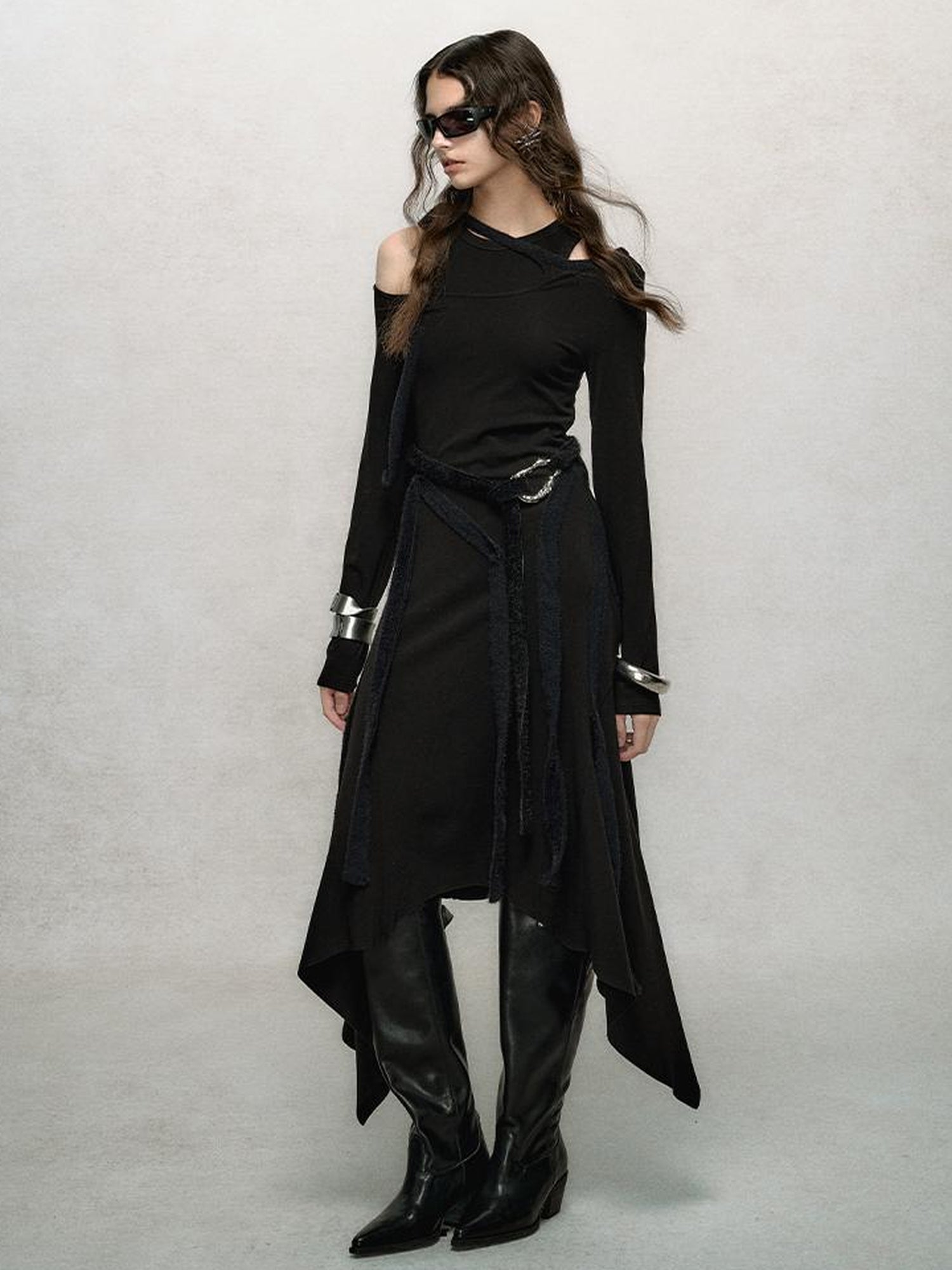 AnnoMundi Deconstructed Ribbed Knit Slip Dress With Asymmetric Hem