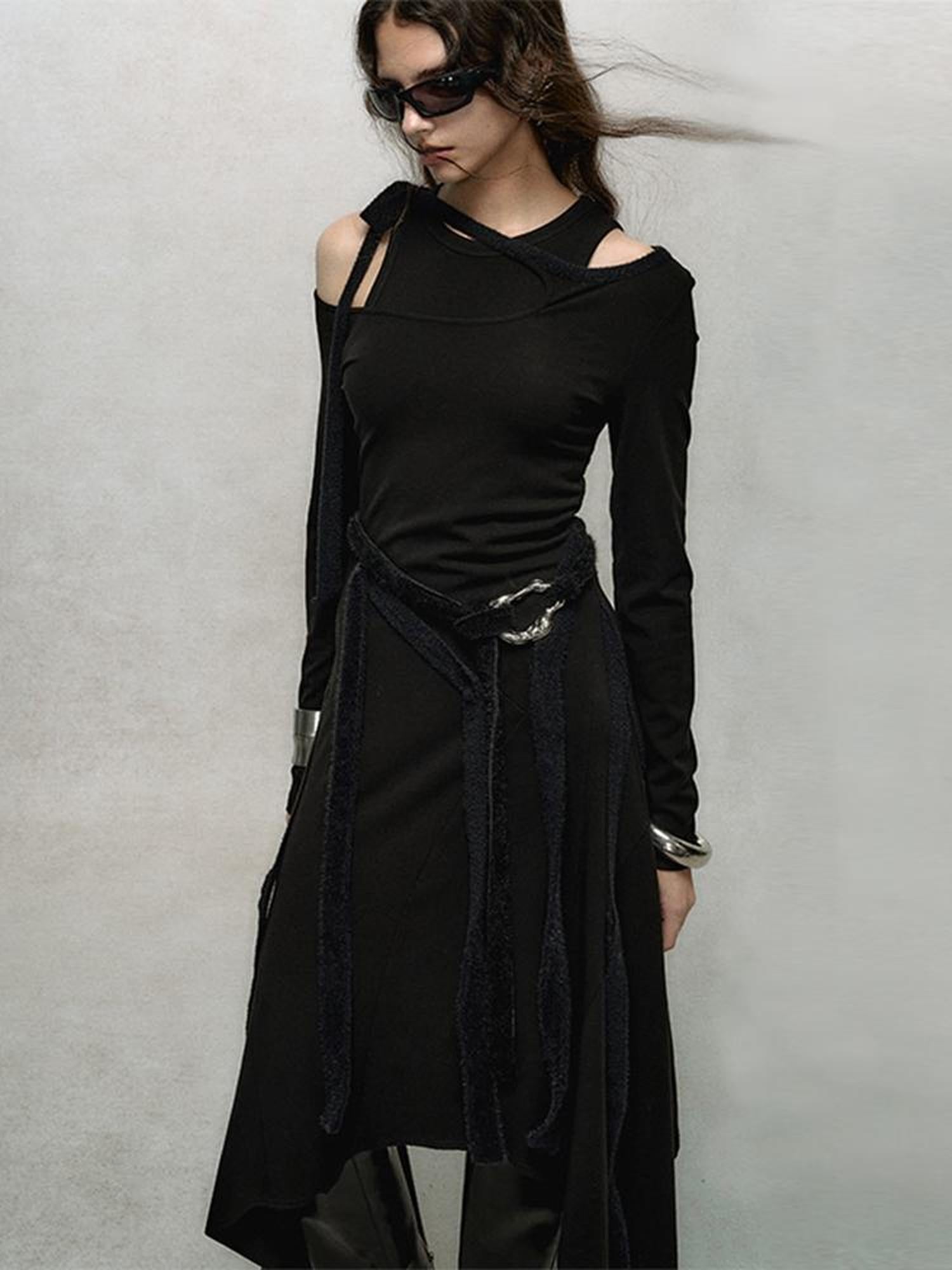 AnnoMundi Deconstructed Ribbed Knit Slip Dress With Asymmetric Hem
