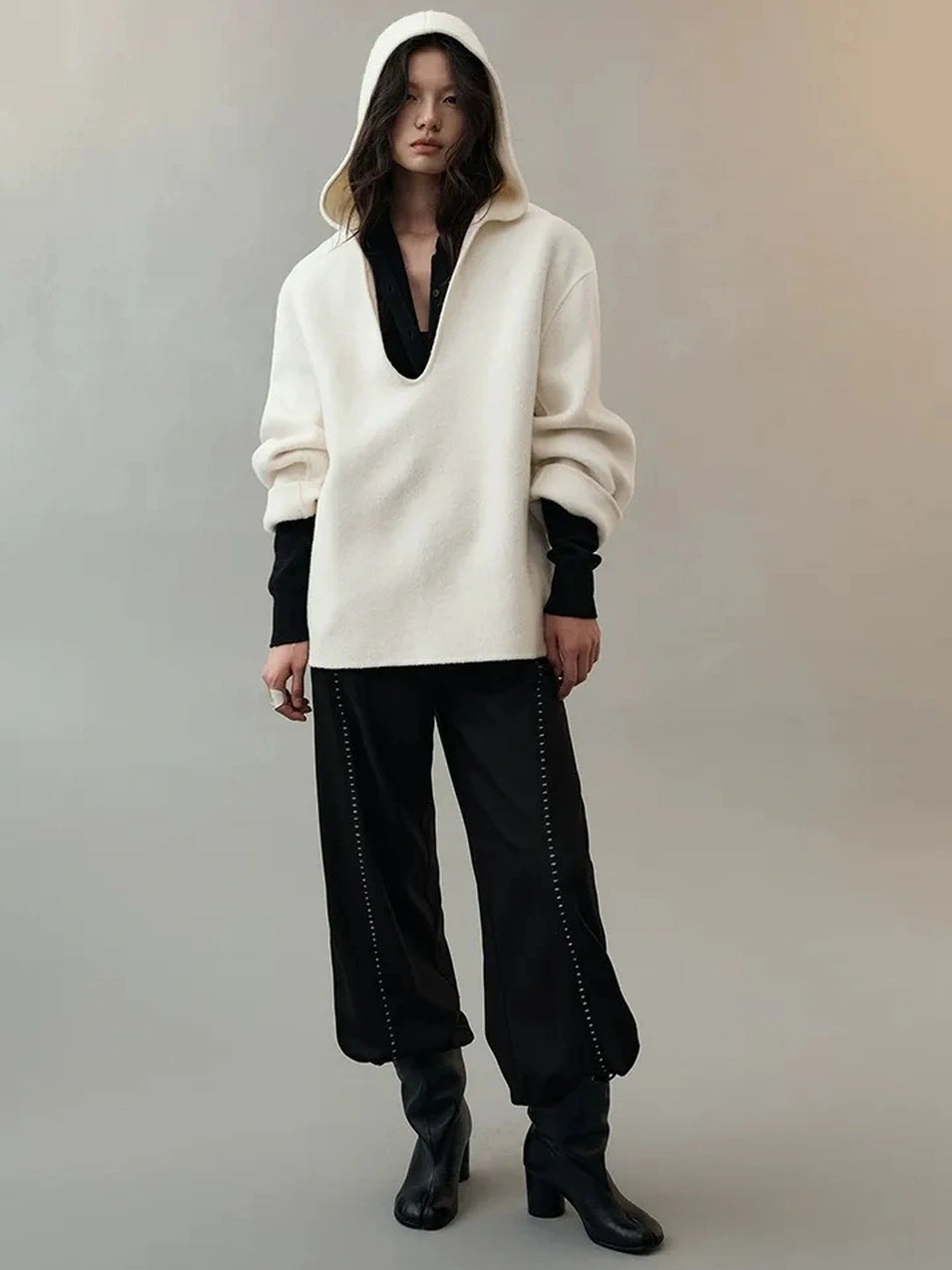 AnnoMundi Deep V Hooded Wool Coat Jacket