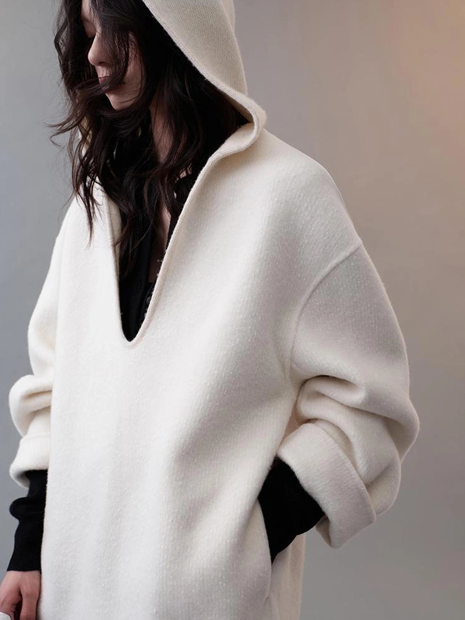 AnnoMundi Deep V Hooded Wool Coat Jacket