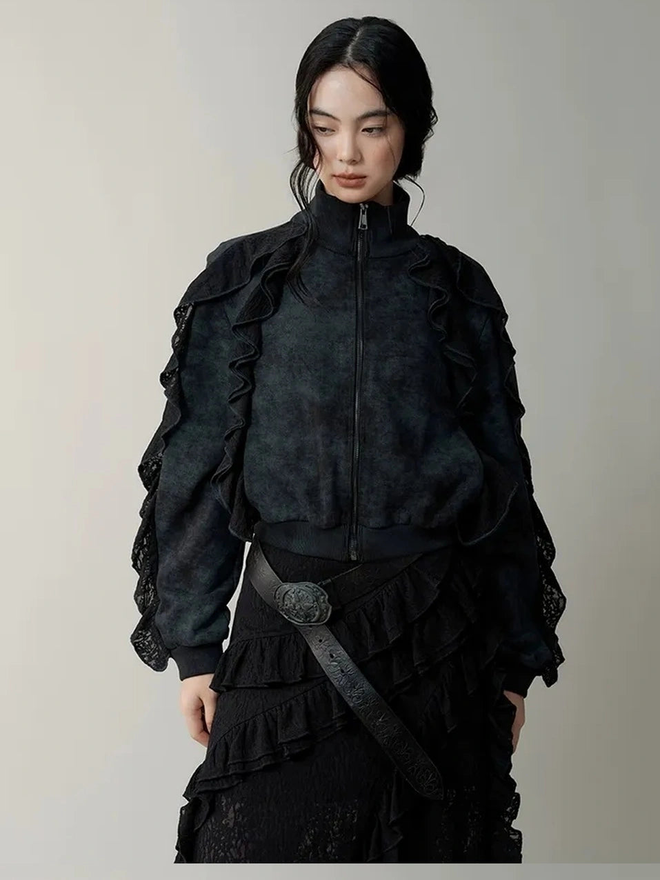 AnnoMundi Distressed Snowflake Jacquard Knit Peplum Hoodie Jacket