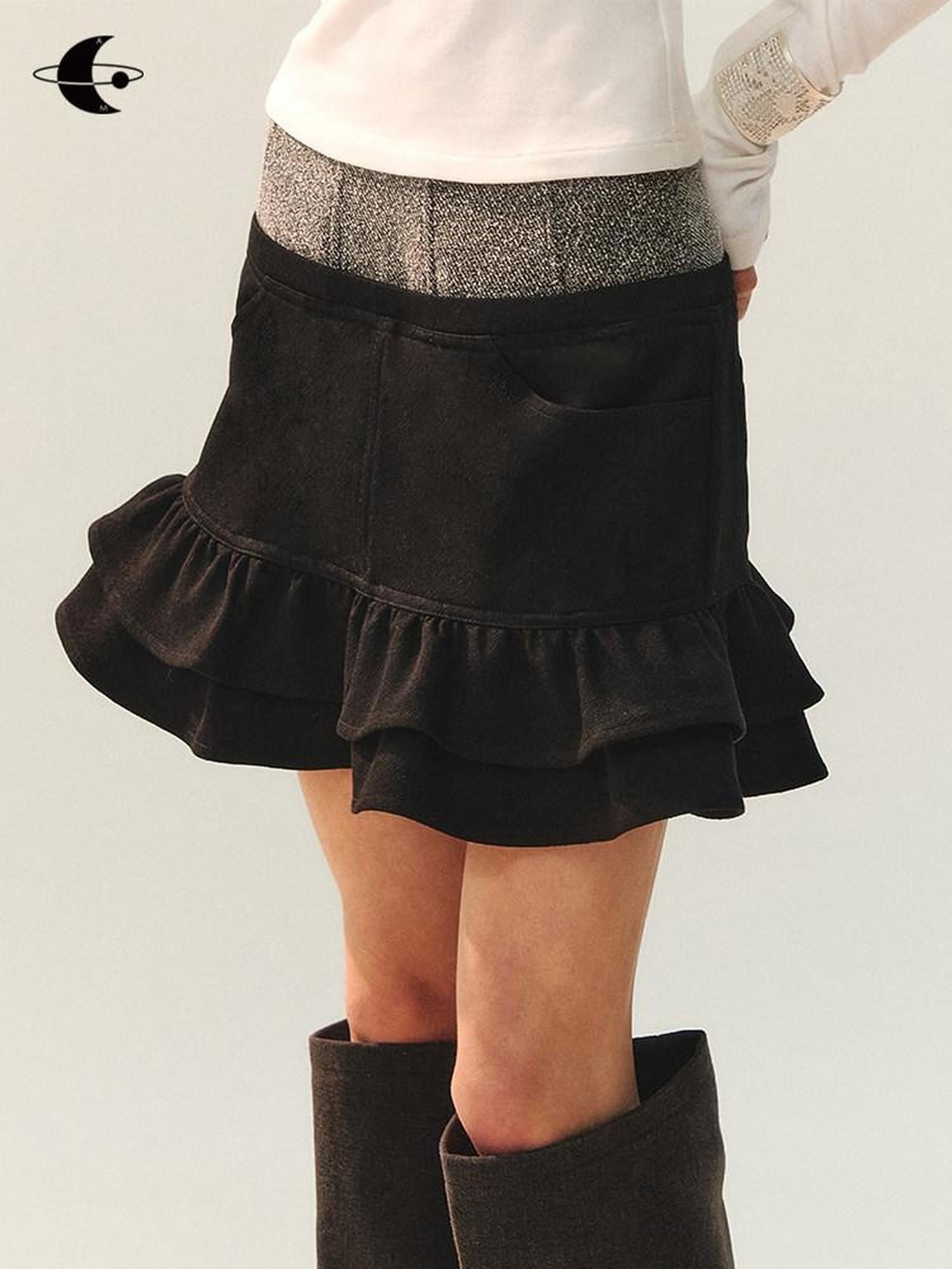 AnnoMundi Double Pleated Hem Mid Waist Black Gray Polyester Women Mini Skirt