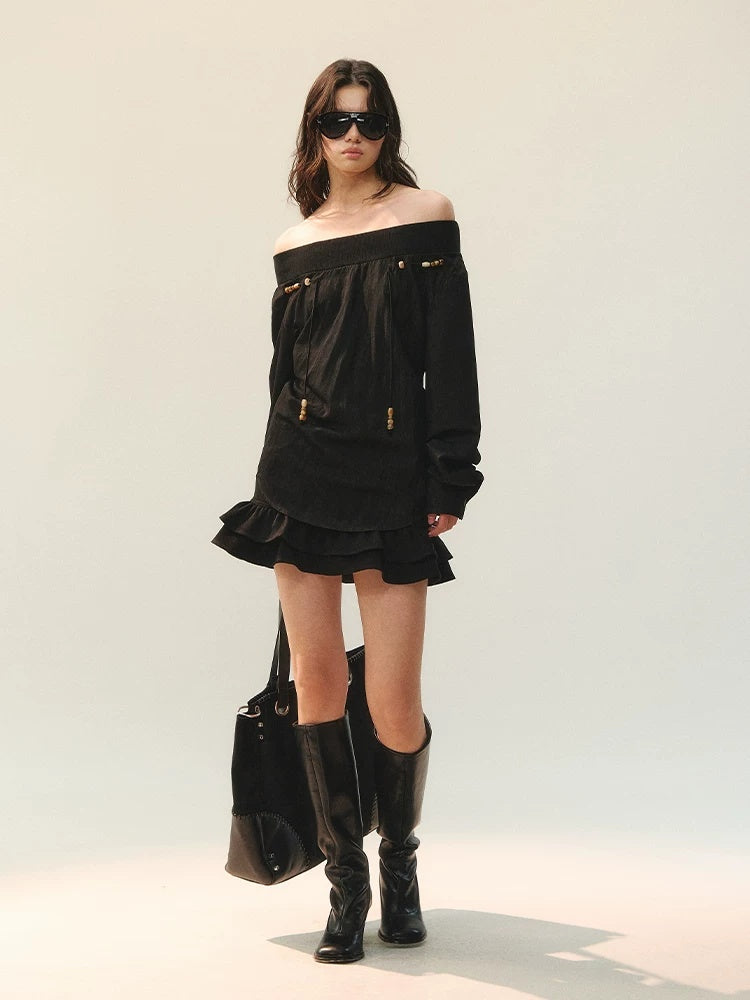 AnnoMundi Double Pleated Hem Mid Waist Black Gray Polyester Women Mini Skirt