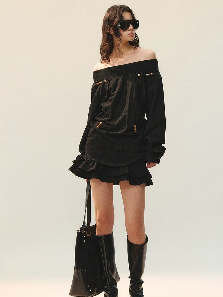 AnnoMundi Double Pleated Hem Mid Waist Black Gray Polyester Women Mini Skirt