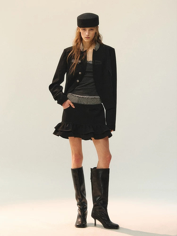 AnnoMundi Double Pleated Hem Mid Waist Black Gray Polyester Women Mini Skirt