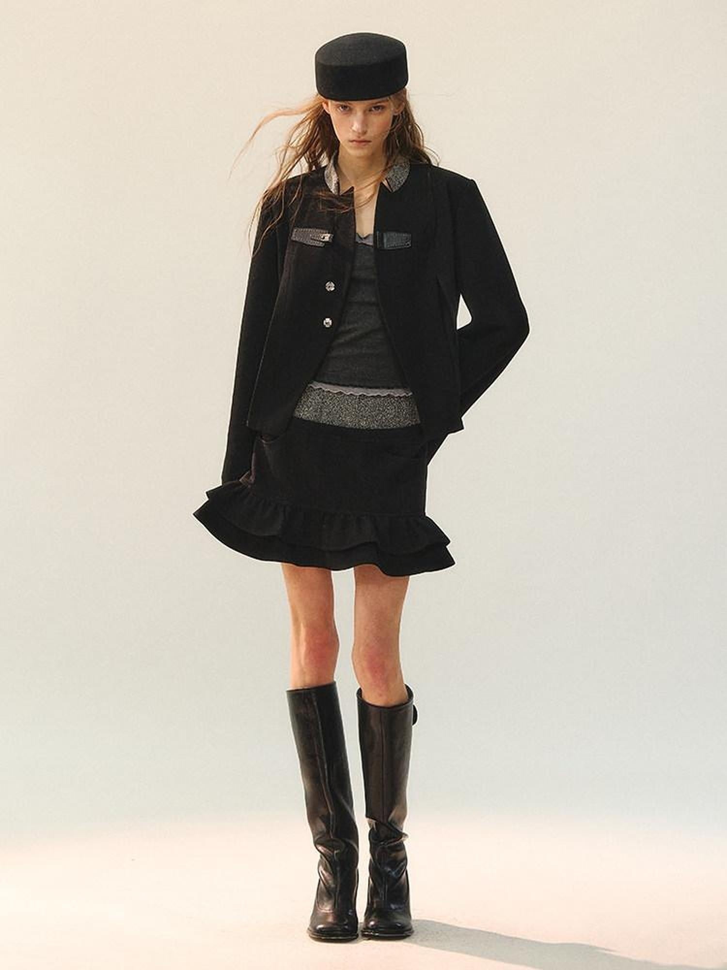 AnnoMundi Double Pleated Hem Mid Waist Black Gray Polyester Women Mini Skirt