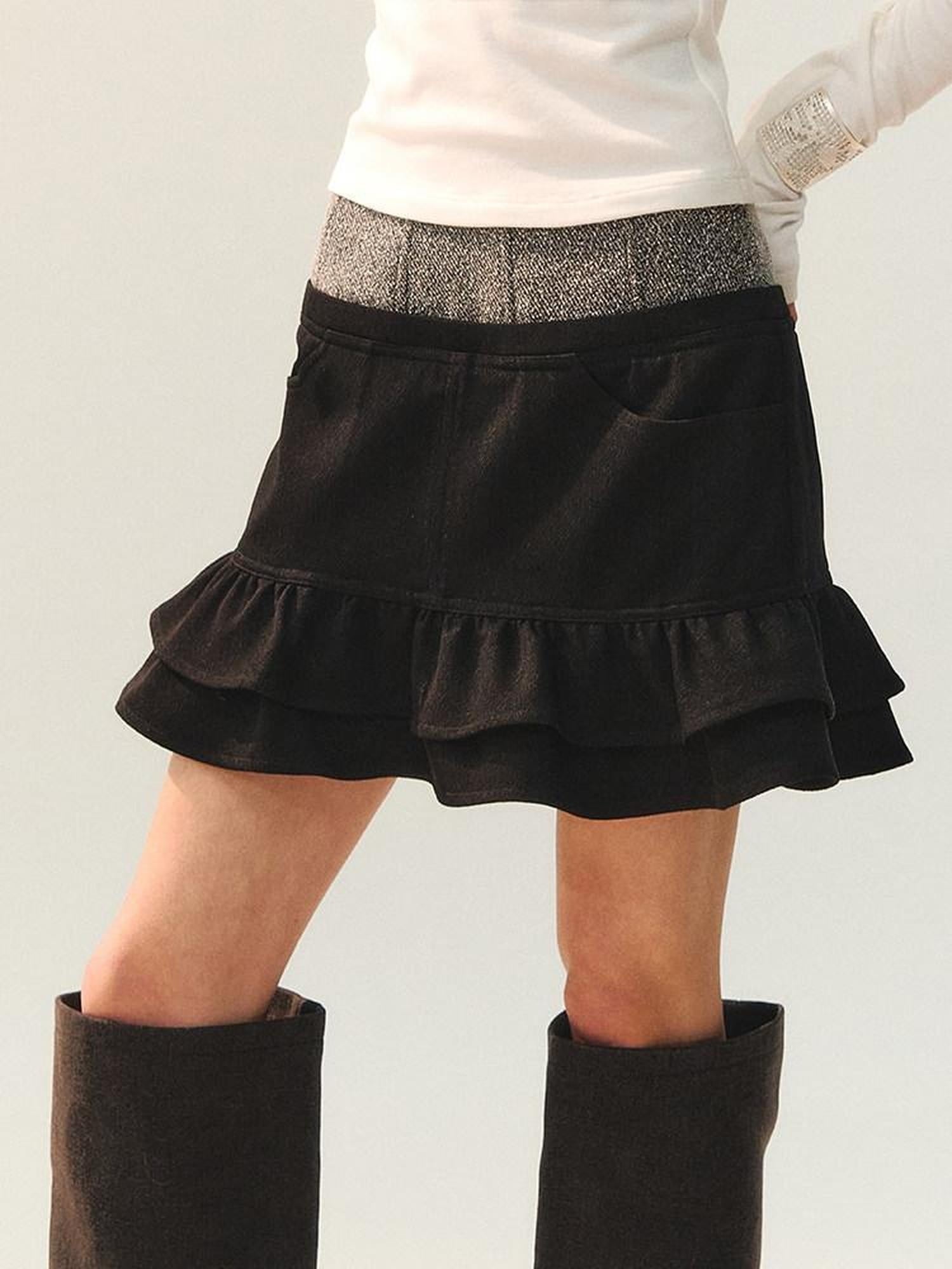 AnnoMundi Double Pleated Hem Mid Waist Black Gray Polyester Women Mini Skirt