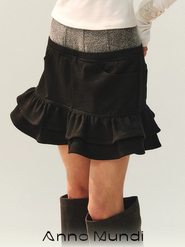 AnnoMundi Double Pleated Hem Mid Waist Black Gray Polyester Women Mini Skirt