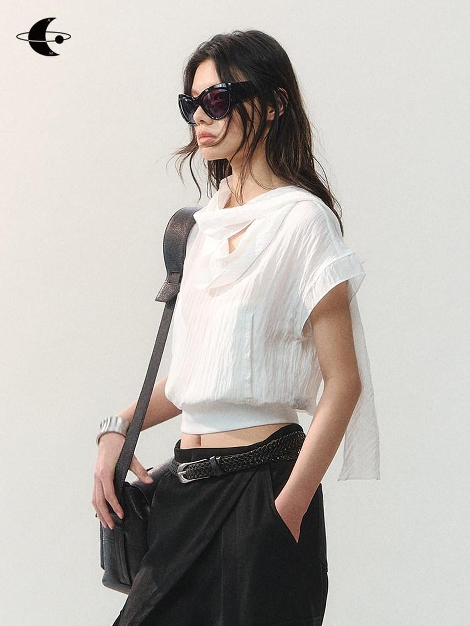 AnnoMundi Draped Collar Ribbon Tie Drop Shoulder Women&