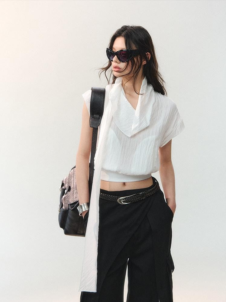 AnnoMundi Draped Collar Ribbon Tie Drop Shoulder Women&