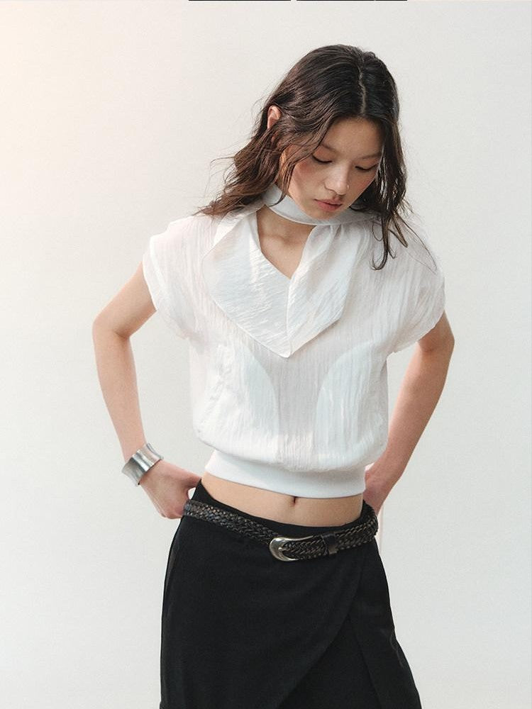 AnnoMundi Draped Collar Ribbon Tie Drop Shoulder Women&