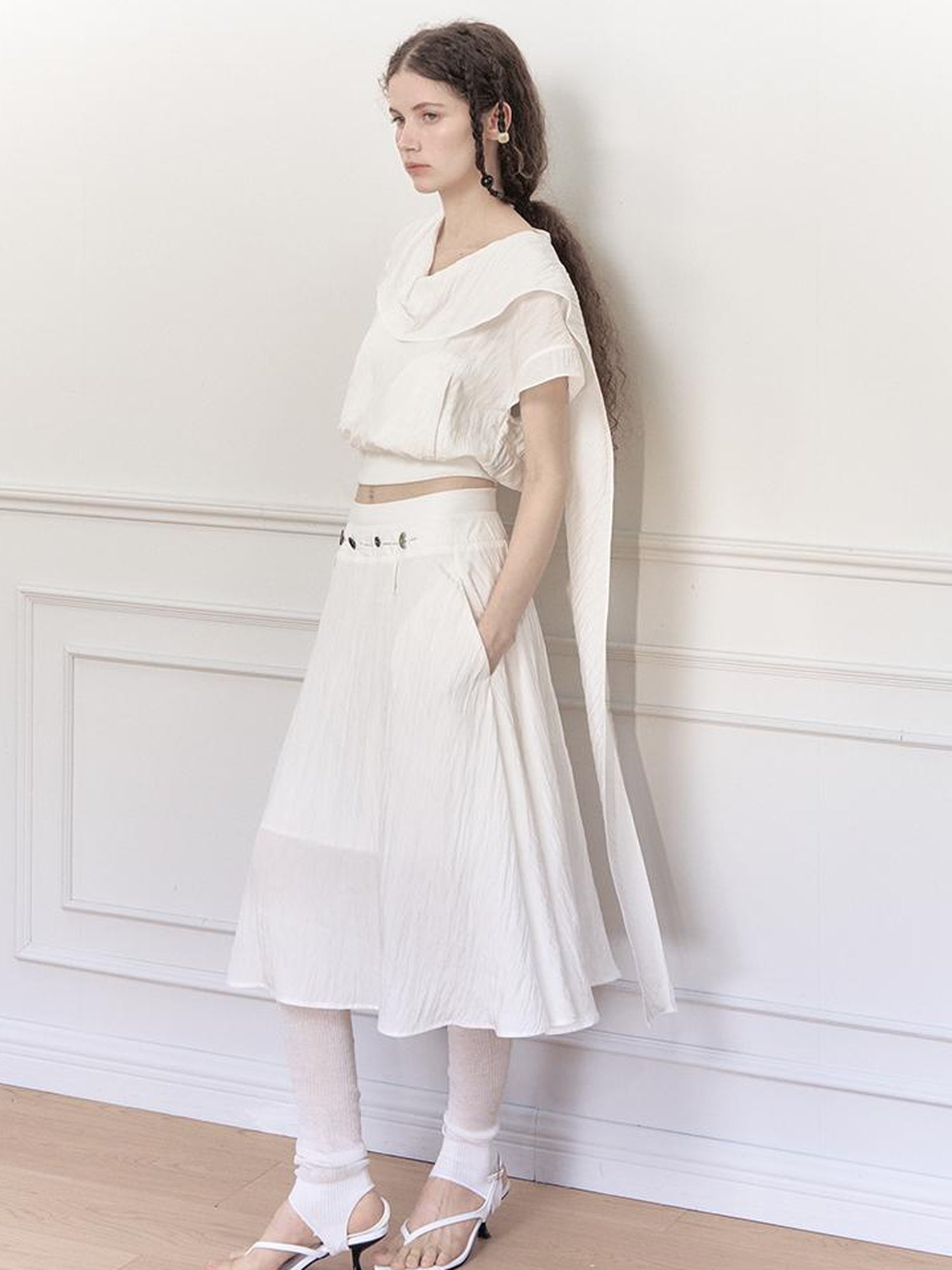 AnnoMundi Draped Neckline Hand Stitched A Line Skirt Two Piece Set