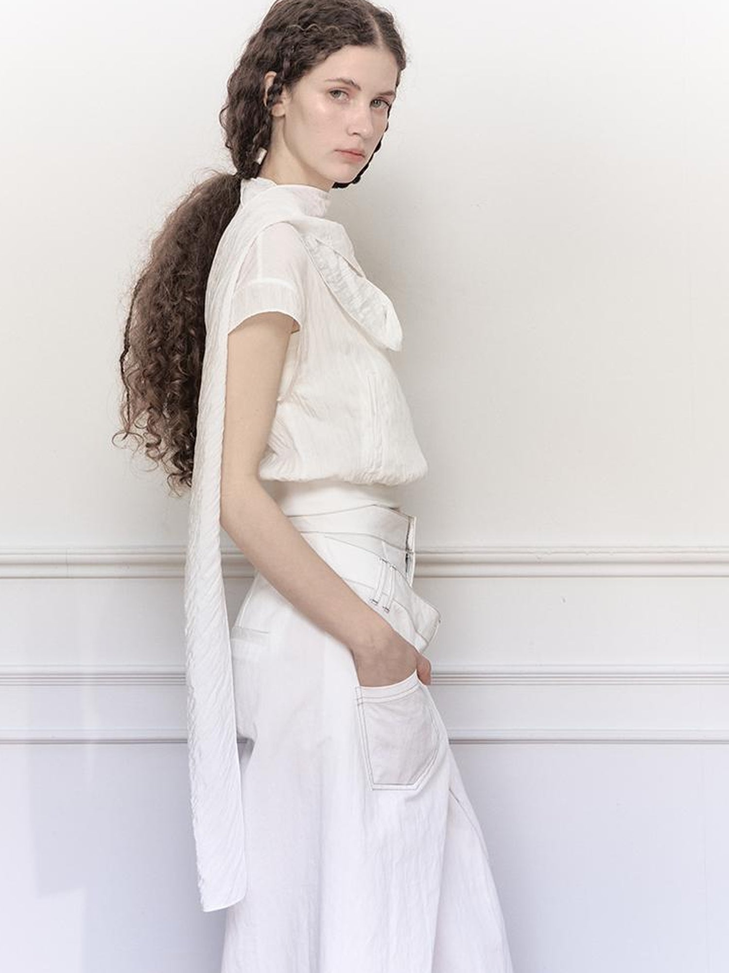 AnnoMundi Draped Neckline Hand Stitched A Line Skirt Two Piece Set