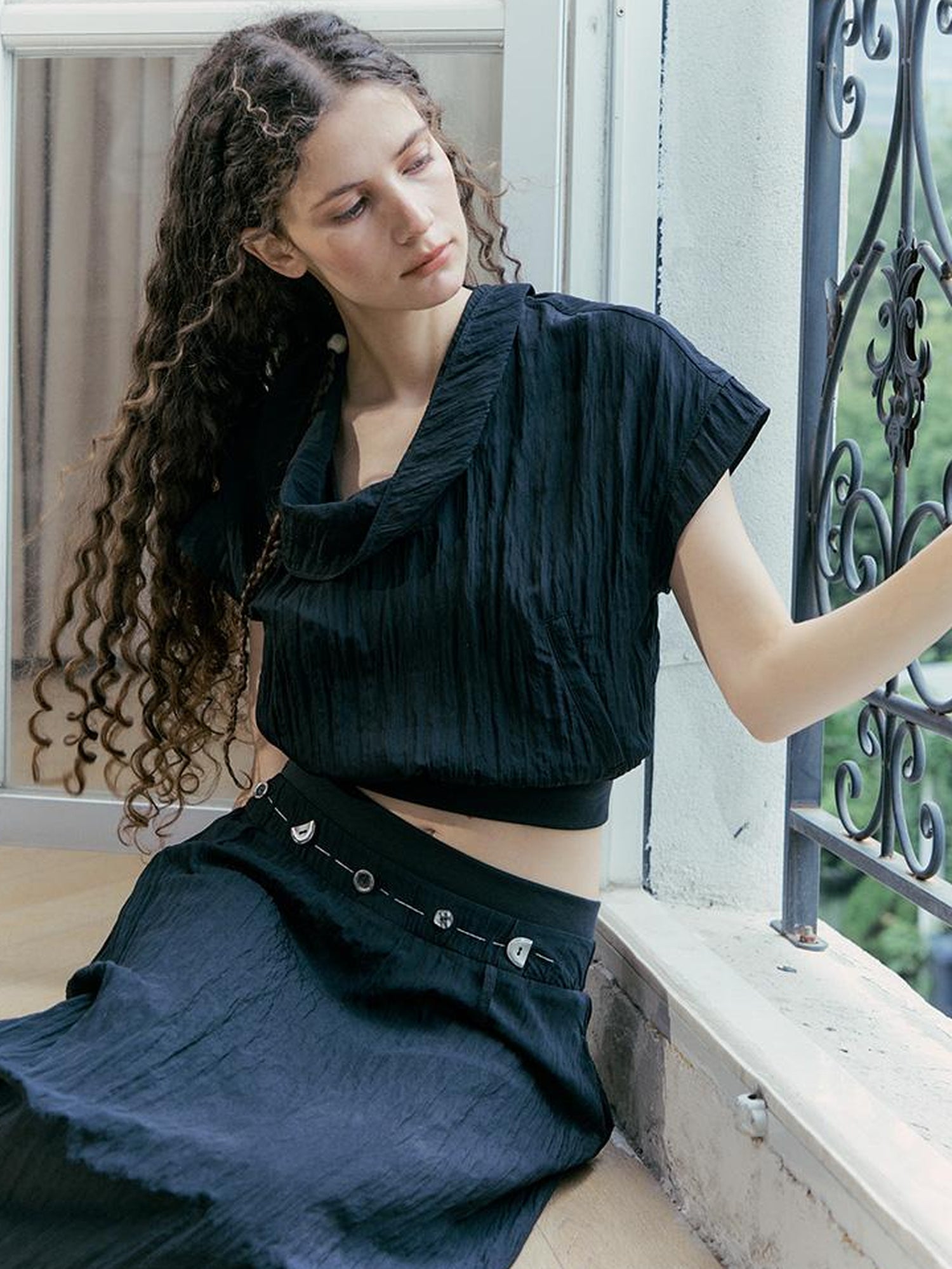 AnnoMundi Draped Neckline Hand Stitched A Line Skirt Two Piece Set