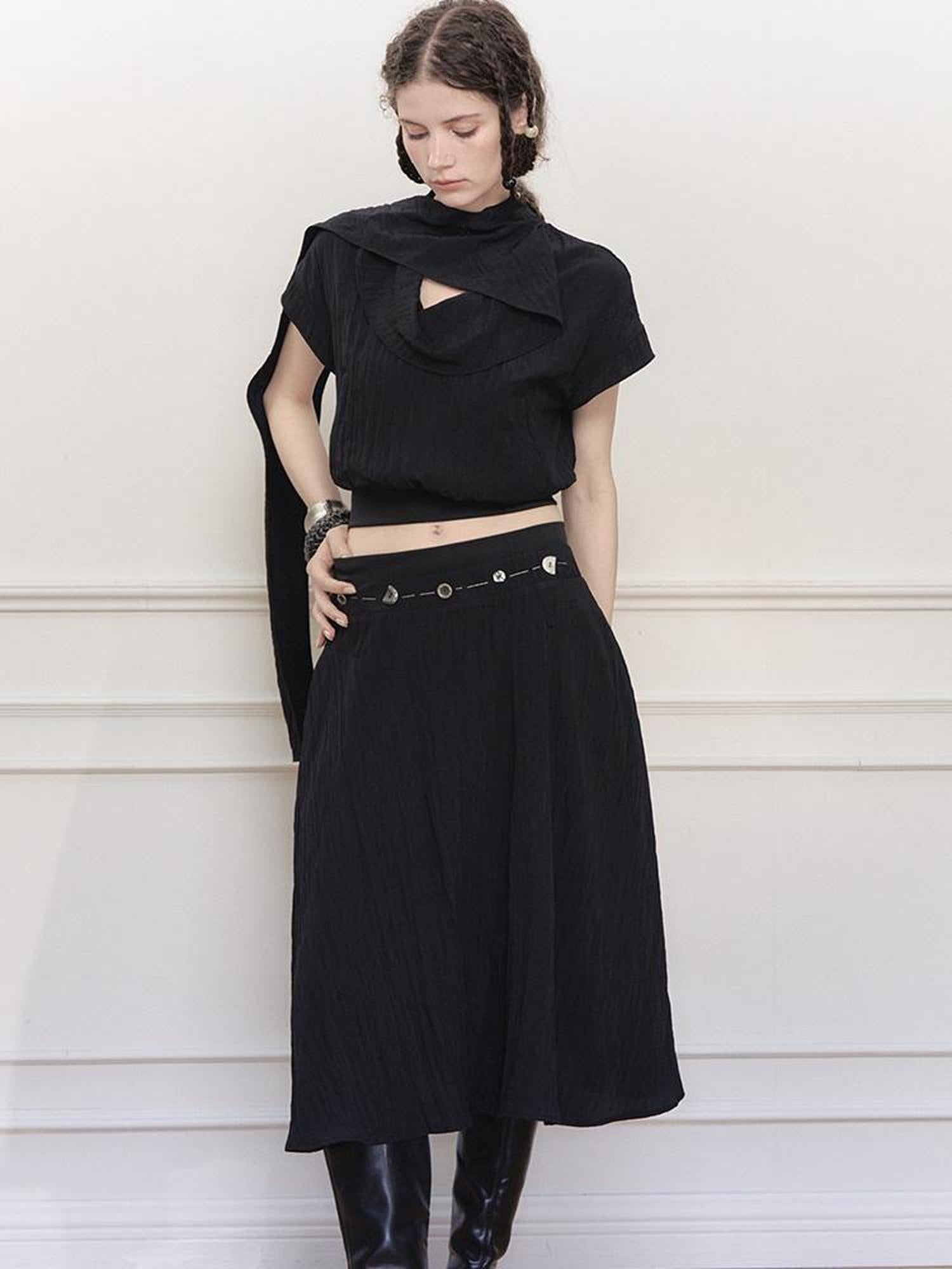 AnnoMundi Draped Neckline Hand Stitched A Line Skirt Two Piece Set