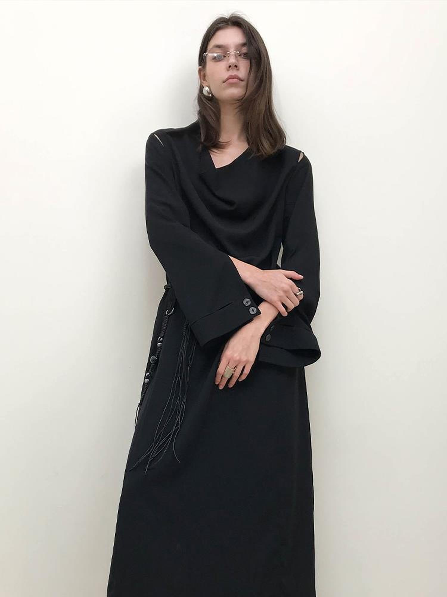 AnnoMundi Draped Neckline Slit Sleeve Black Maxi Dress