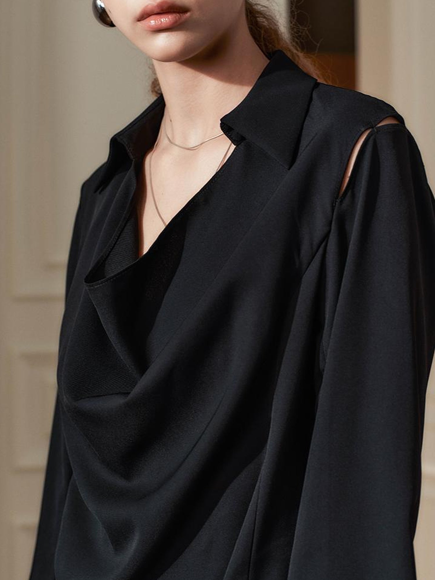 AnnoMundi Draped Neckline Slit Sleeve Black Maxi Dress