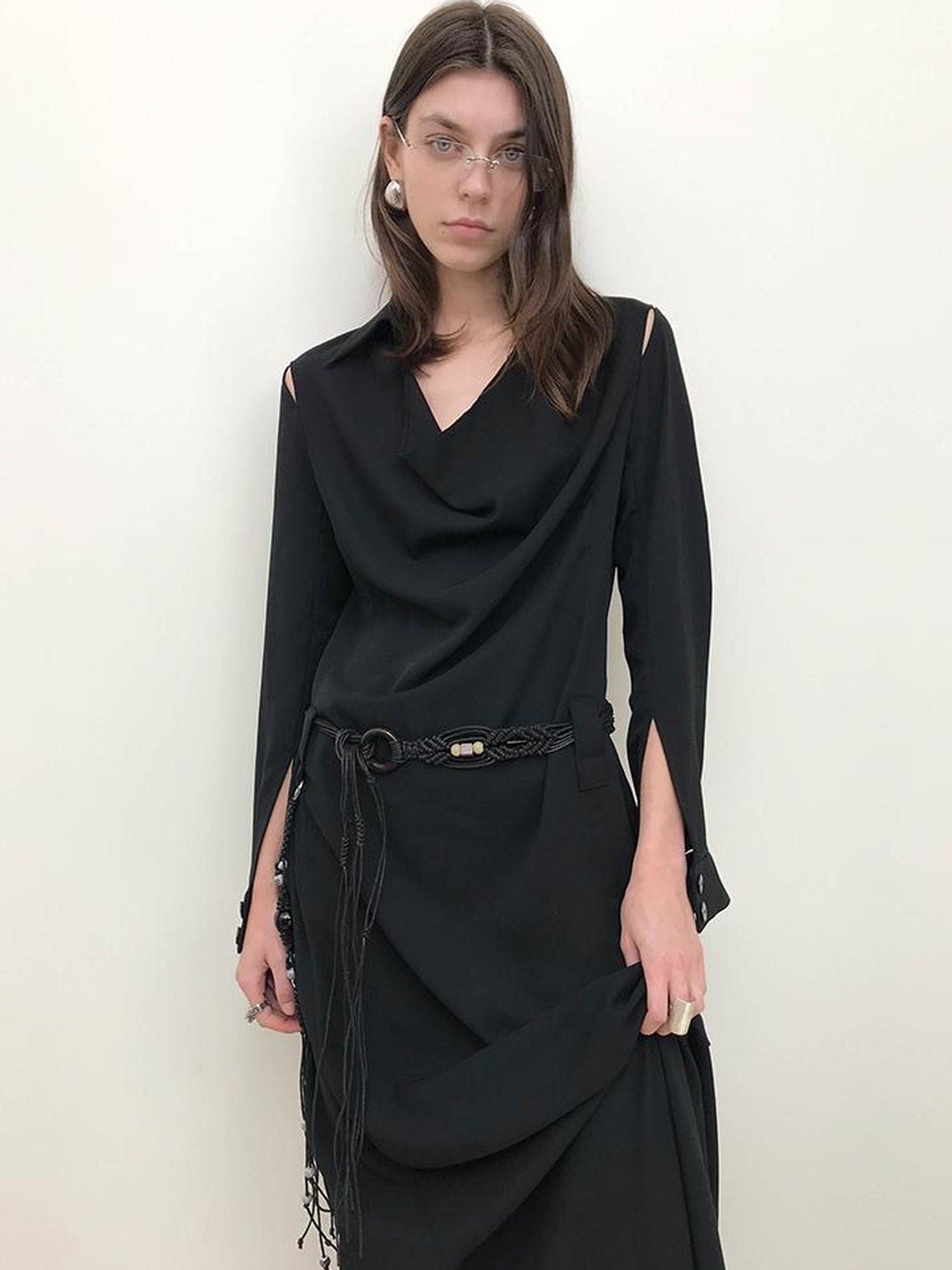 AnnoMundi Draped Neckline Slit Sleeve Black Maxi Dress