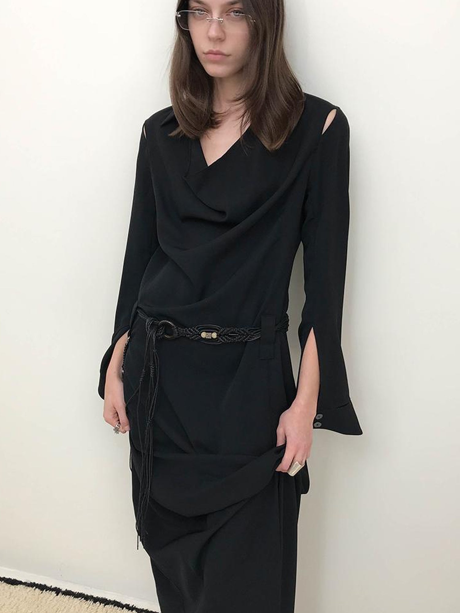 AnnoMundi Draped Neckline Slit Sleeve Black Maxi Dress