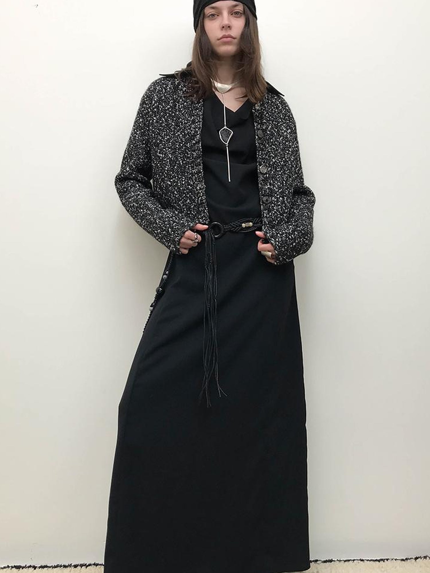 AnnoMundi Draped Neckline Slit Sleeve Black Maxi Dress