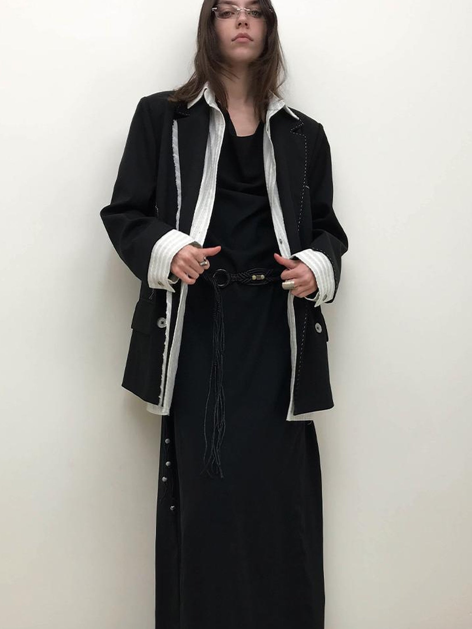 AnnoMundi Draped Neckline Slit Sleeve Black Maxi Dress