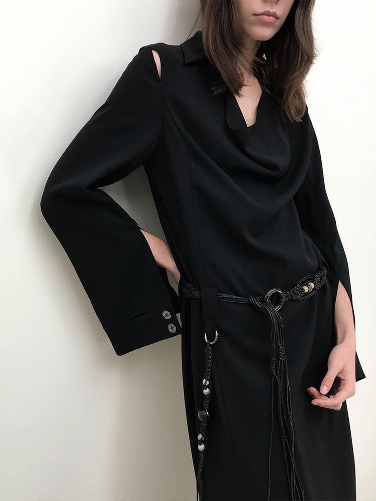 AnnoMundi Draped Neckline Slit Sleeve Black Maxi Dress