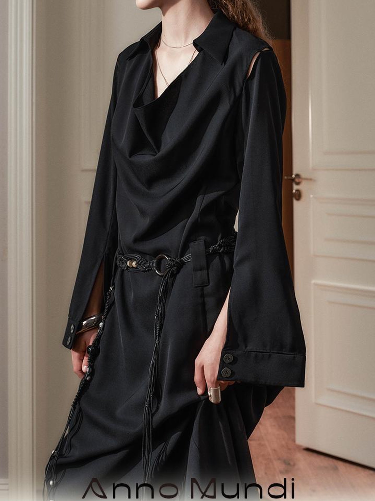 AnnoMundi Draped Neckline Slit Sleeve Black Maxi Dress