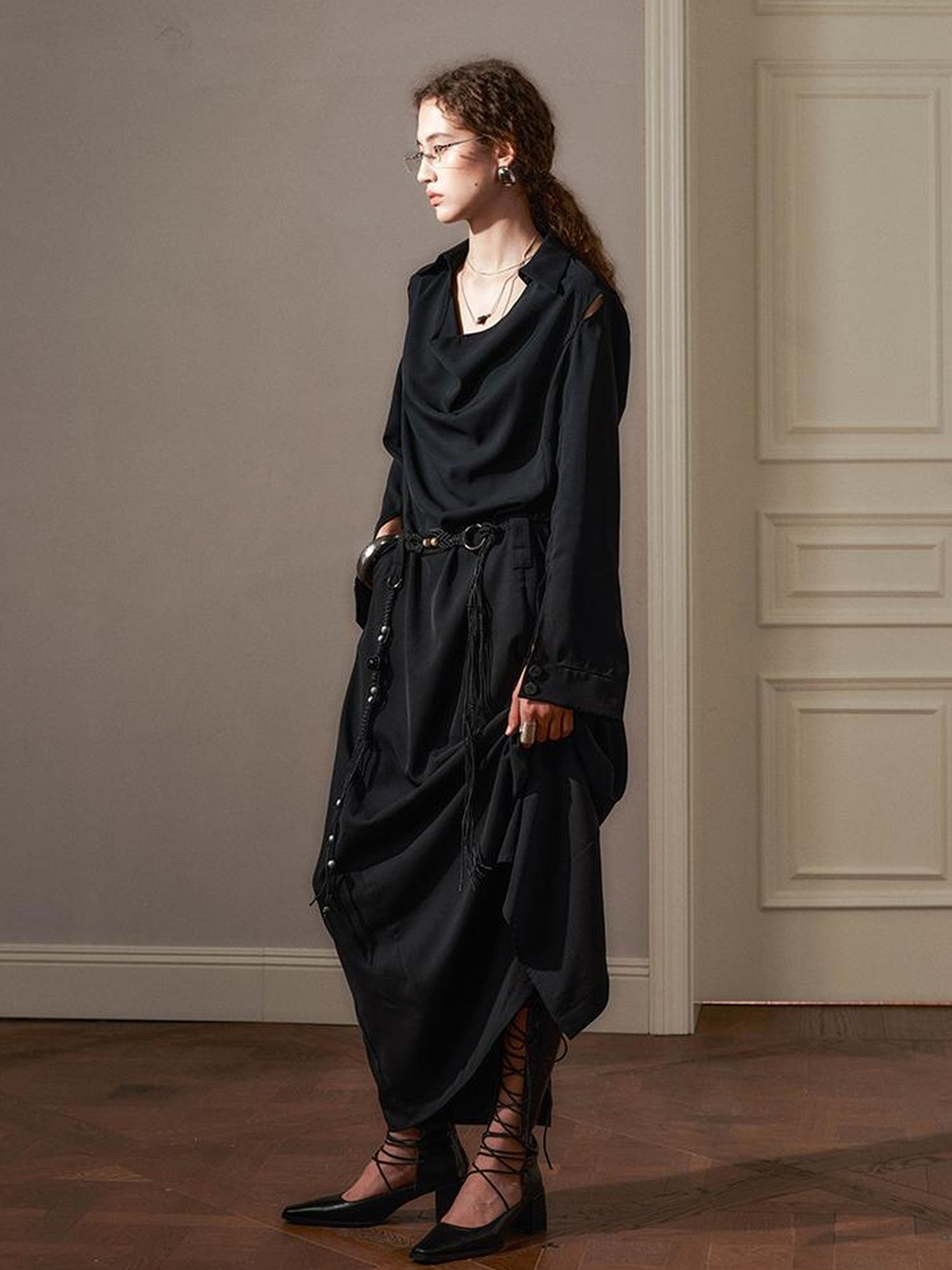 AnnoMundi Draped Neckline Slit Sleeve Black Maxi Dress
