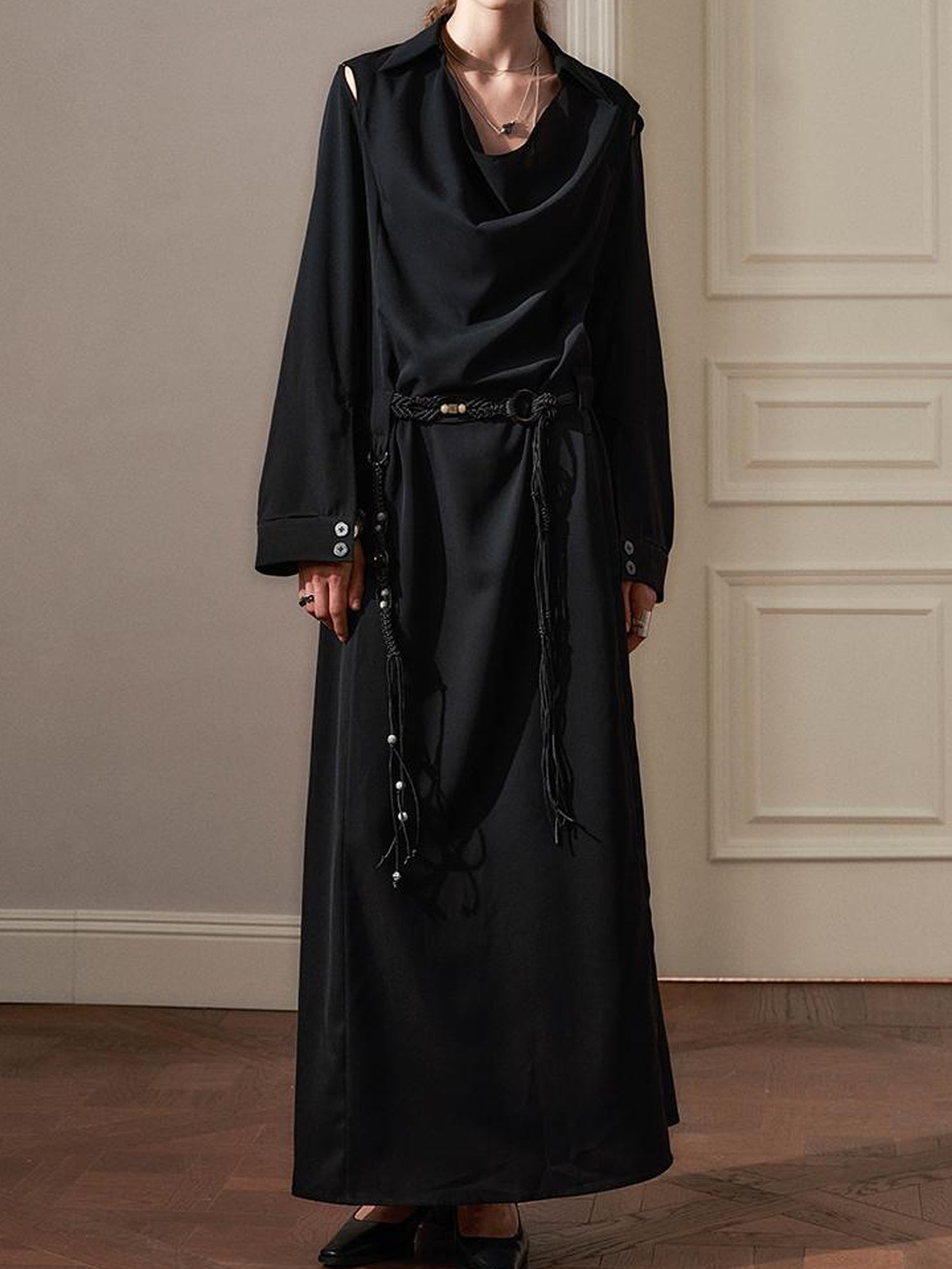 AnnoMundi Draped Neckline Slit Sleeve Black Maxi Dress